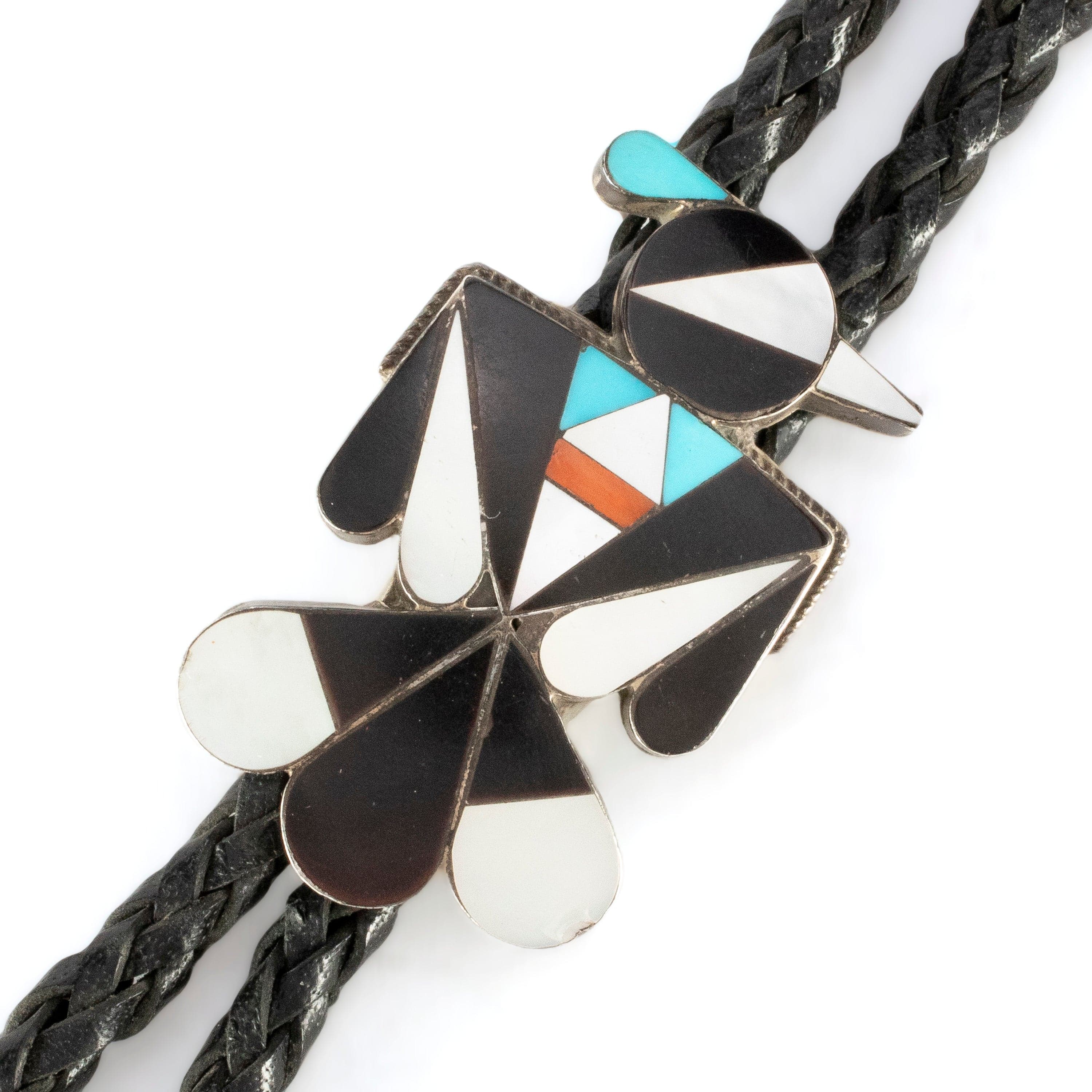 Kalifano Native American Jewelry Peyote Bird with Mother of Pearl, Turquoise, Coral, and Jet USA Native American Made 925 Sterling Silver Bolo Tie NABT400.001