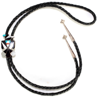 Kalifano Native American Jewelry Peyote Bird with Mother of Pearl, Turquoise, Coral, and Jet USA Native American Made 925 Sterling Silver Bolo Tie NABT400.001