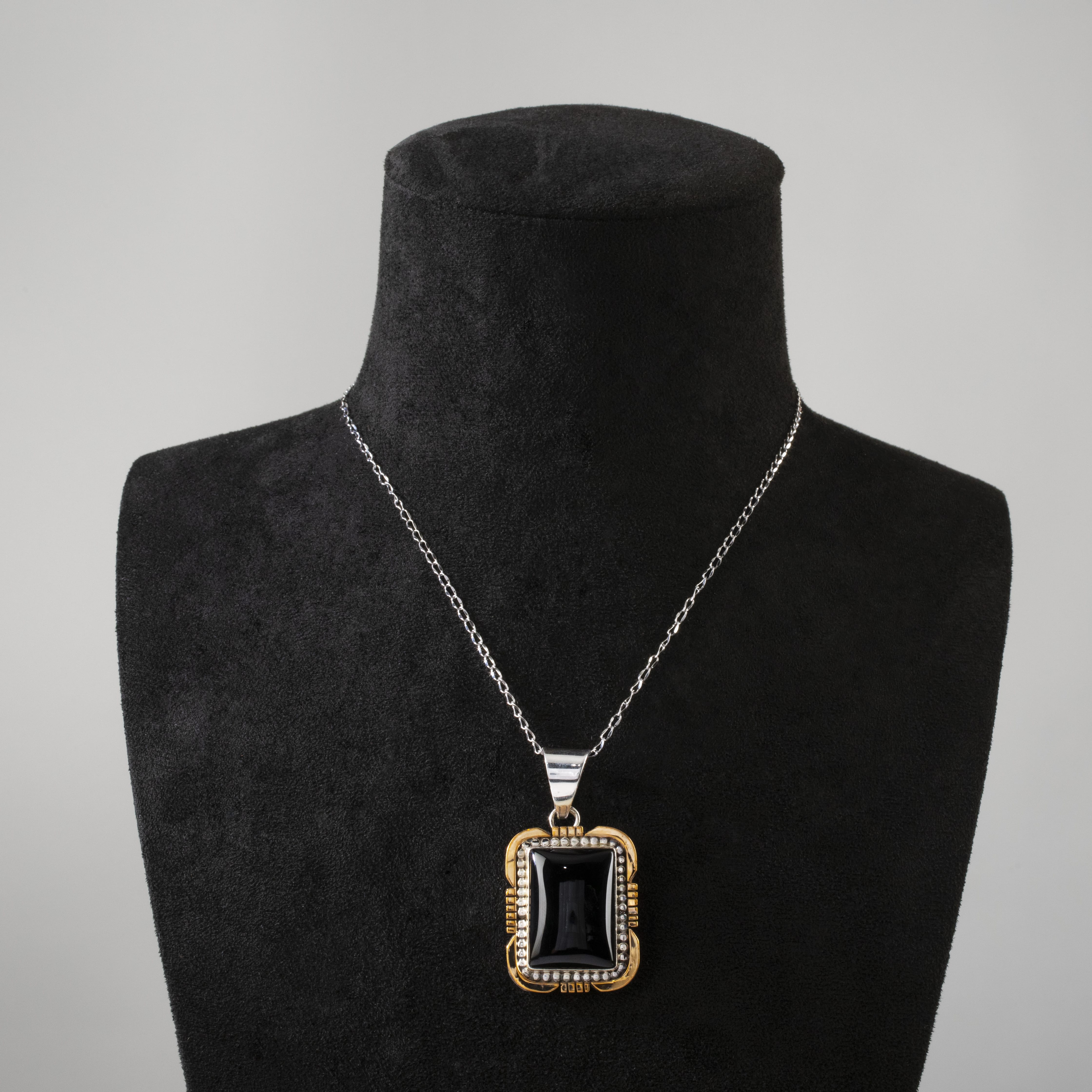 Kalifano Native American Jewelry Ray Bennett Black Onyx Rectangular USA Native American Made 925 Sterling Silver & 12K Gold Filled Pendant NAN650.006