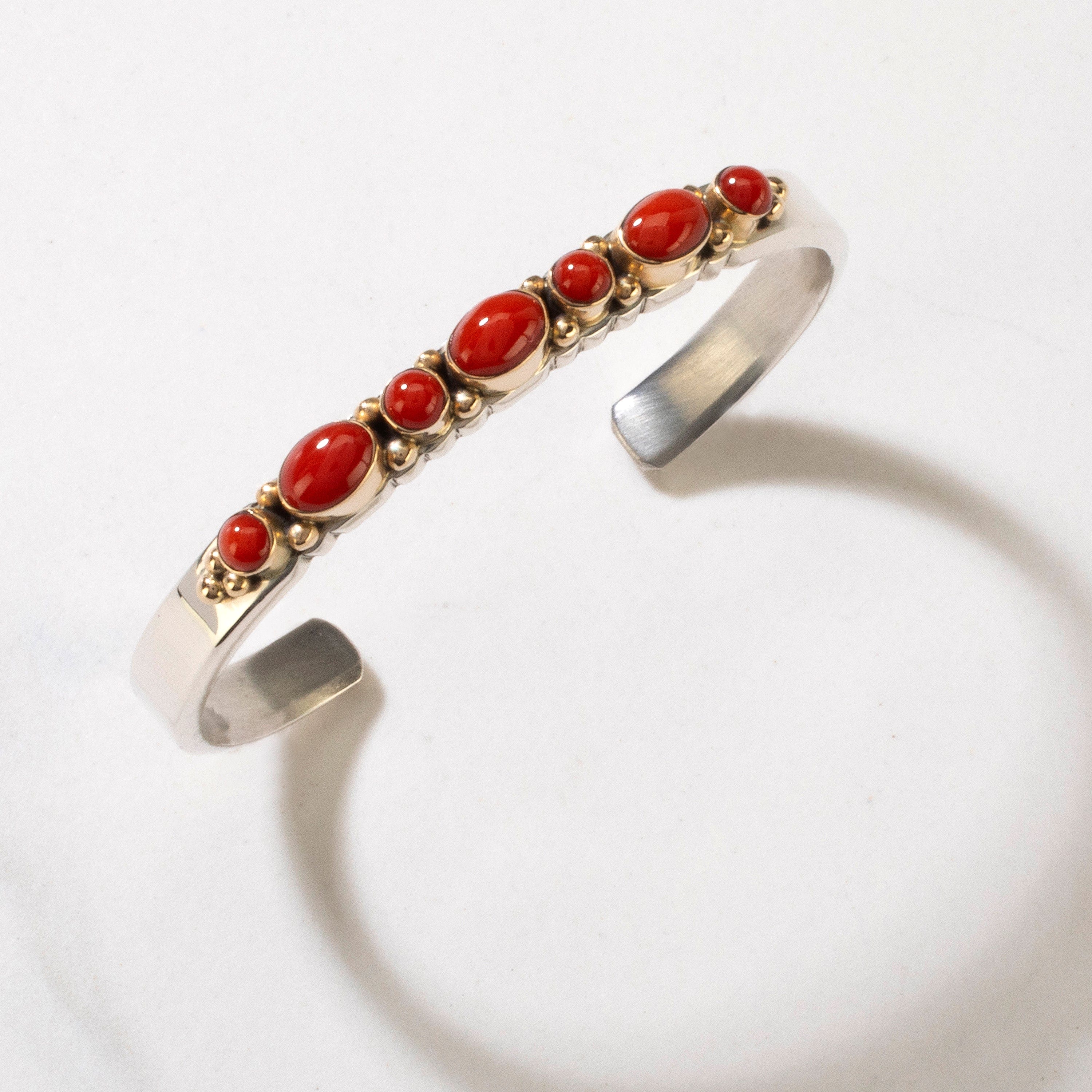 Kalifano Native American Jewelry Ray Bennett Navajo 14K Gold and Red Coral USA Native American Made 925 Sterling Silver Cuff NAB2400.019