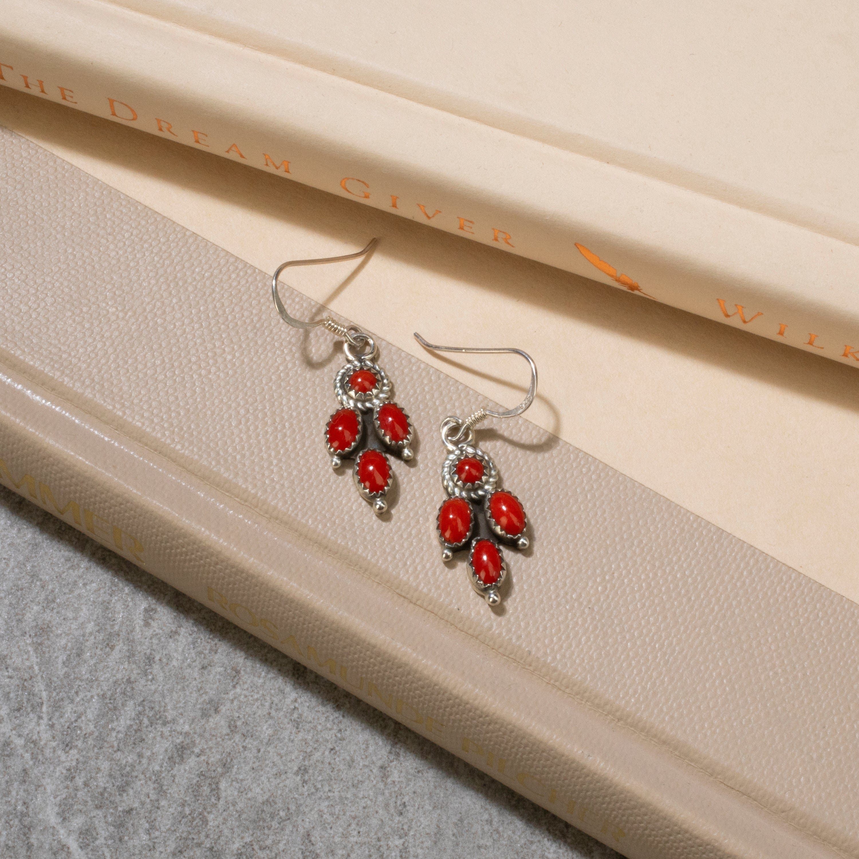 Kalifano Native American Jewelry Red Coral Dangle Navajo USA Native American Made 925 Sterling Silver Earrings with French Hook NAE300.036