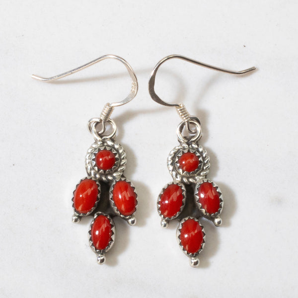 Red Coral Dangle Navajo USA Native American Made 925 Sterling Silver  Earrings with French Hook