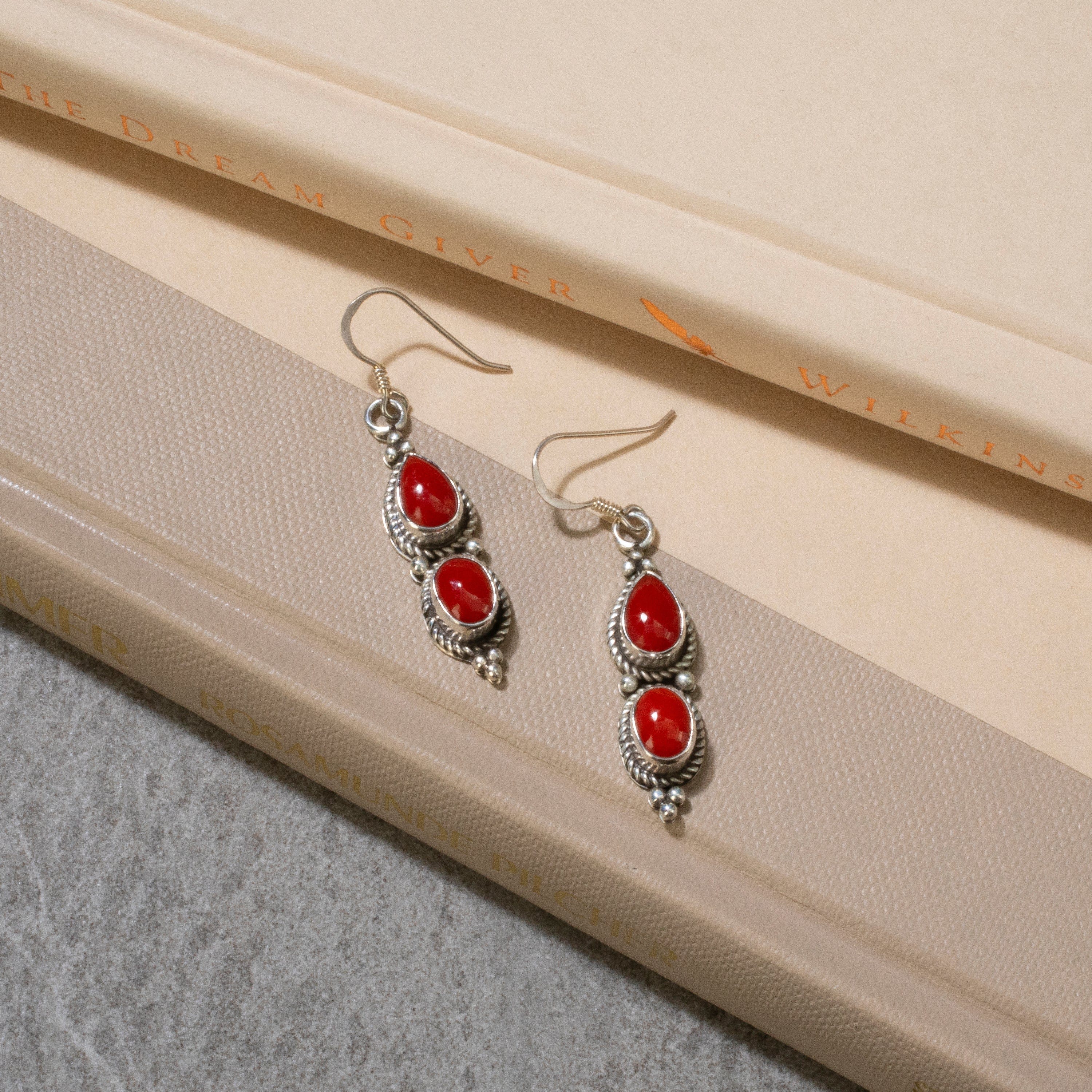 Kalifano Native American Jewelry Red Coral Dangle Navajo USA Native American Made 925 Sterling Silver Earrings with French Hook NAE500.010
