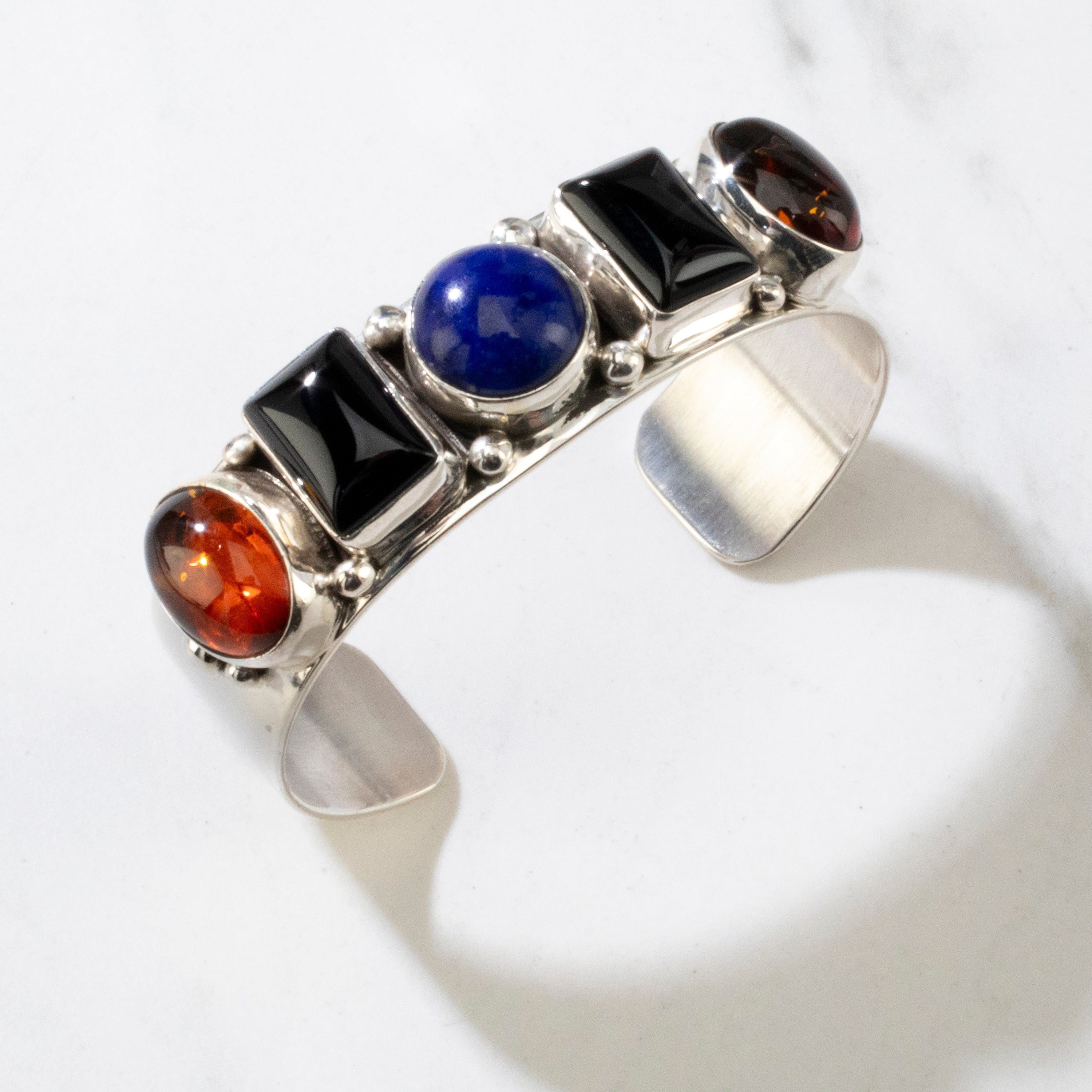 Kalifano Native American Jewelry Richard Long Sr. Amber, Black Onyx, & Lapis Navajo USA Native American Made 925 Sterling Silver Cuff NAB1800.036