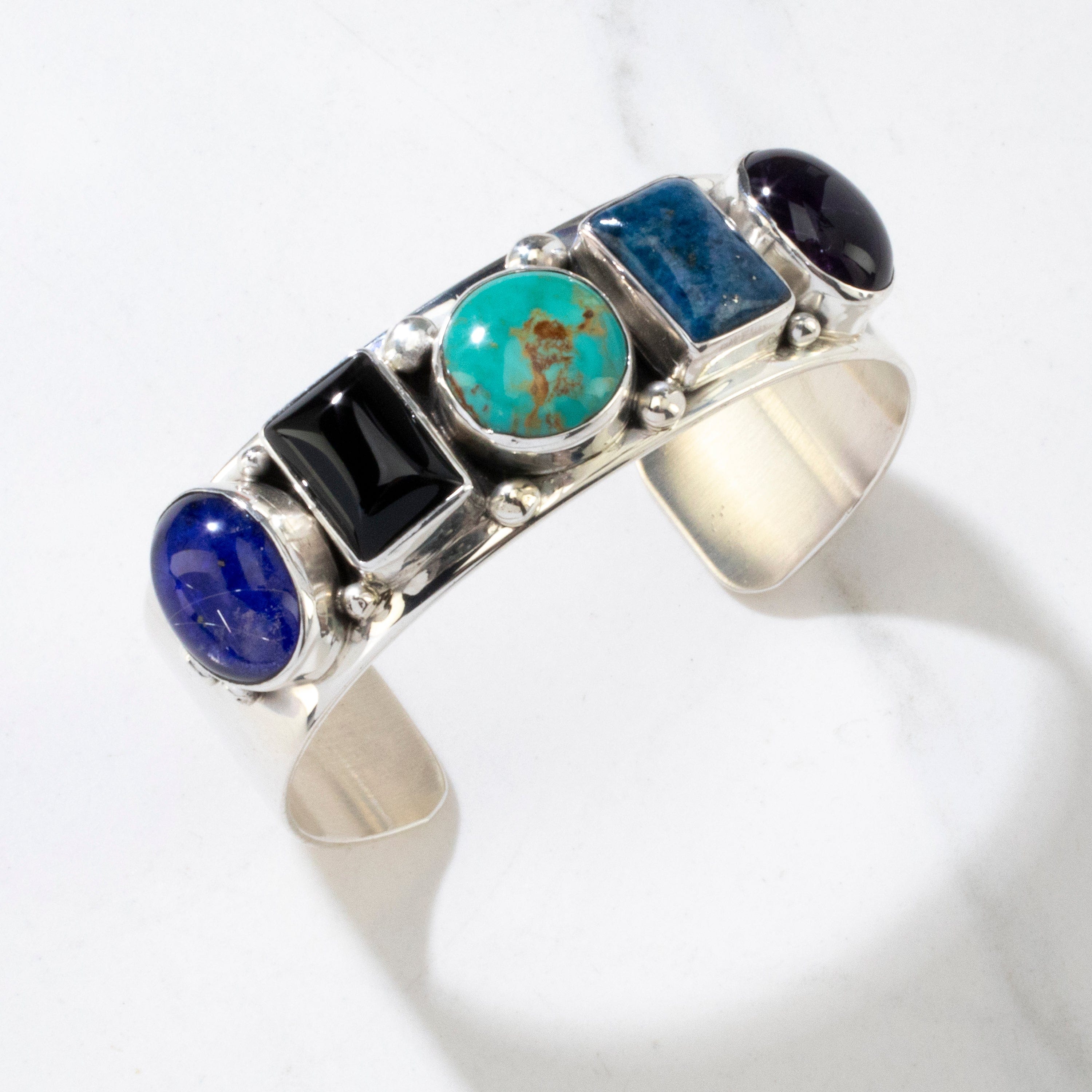 Kalifano Native American Jewelry Richard Long Sr. Multi Gemstone Navajo USA Native American Made 925 Sterling Silver Cuff NAB1800.039