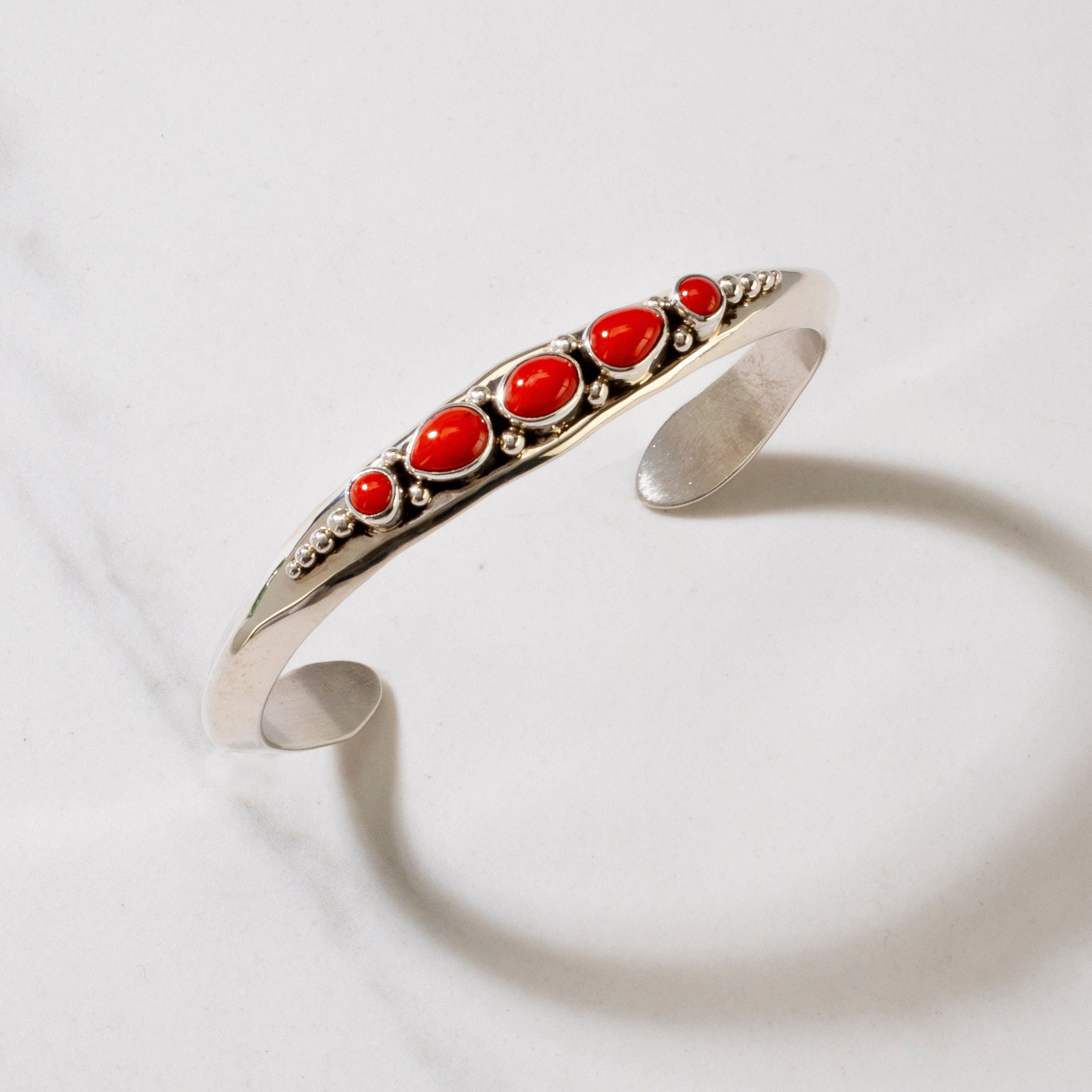 Kalifano Native American Jewelry Russell Sam Navajo Red Coral USA Native American Made 925 Sterling Silver Cuff NAB1000.010