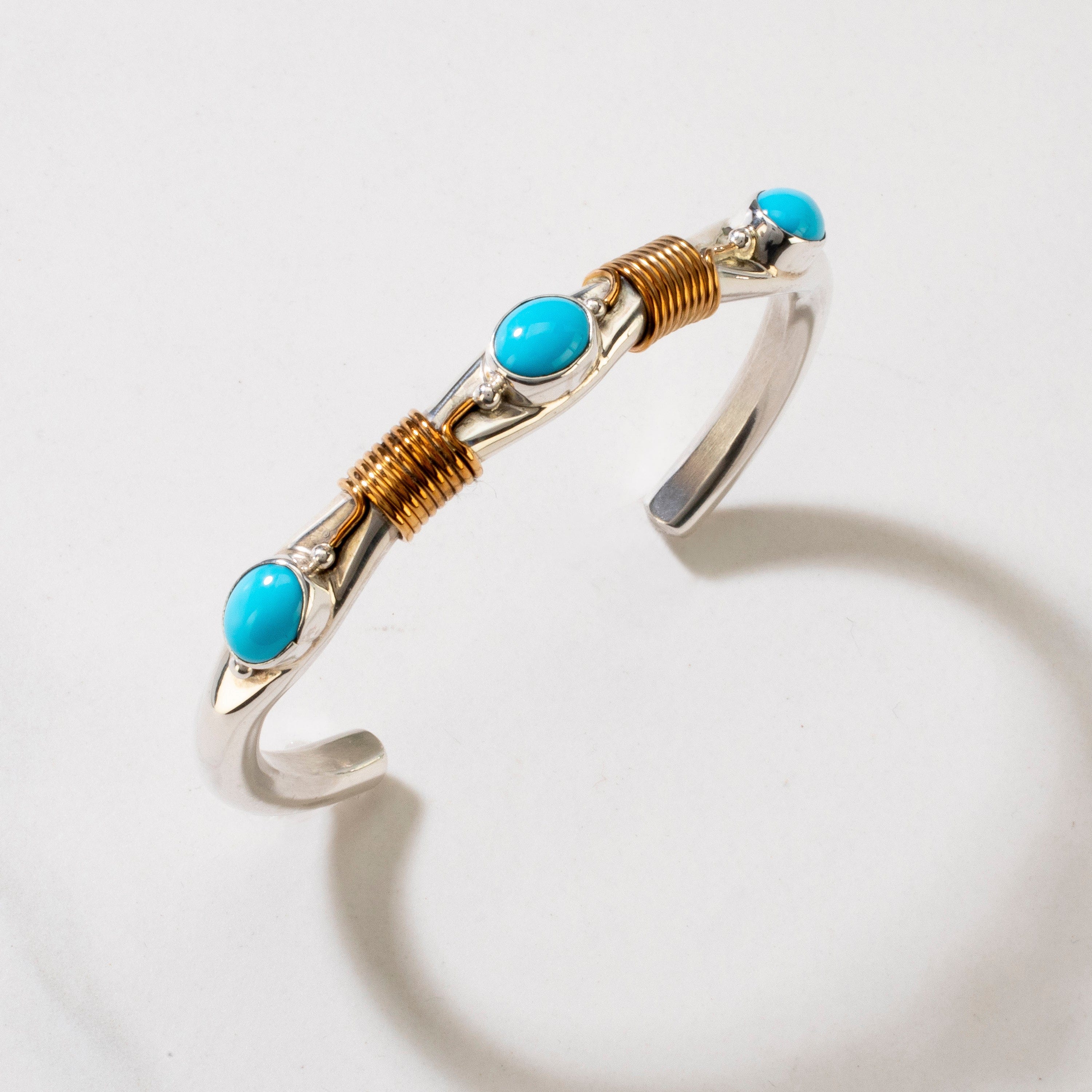 Kalifano Native American Jewelry Russell Sam Navajo Sleeping Beauty Turquoise USA Native American Made 925 Sterling Silver & 12K Gold Filled Cuff NAB1400.008