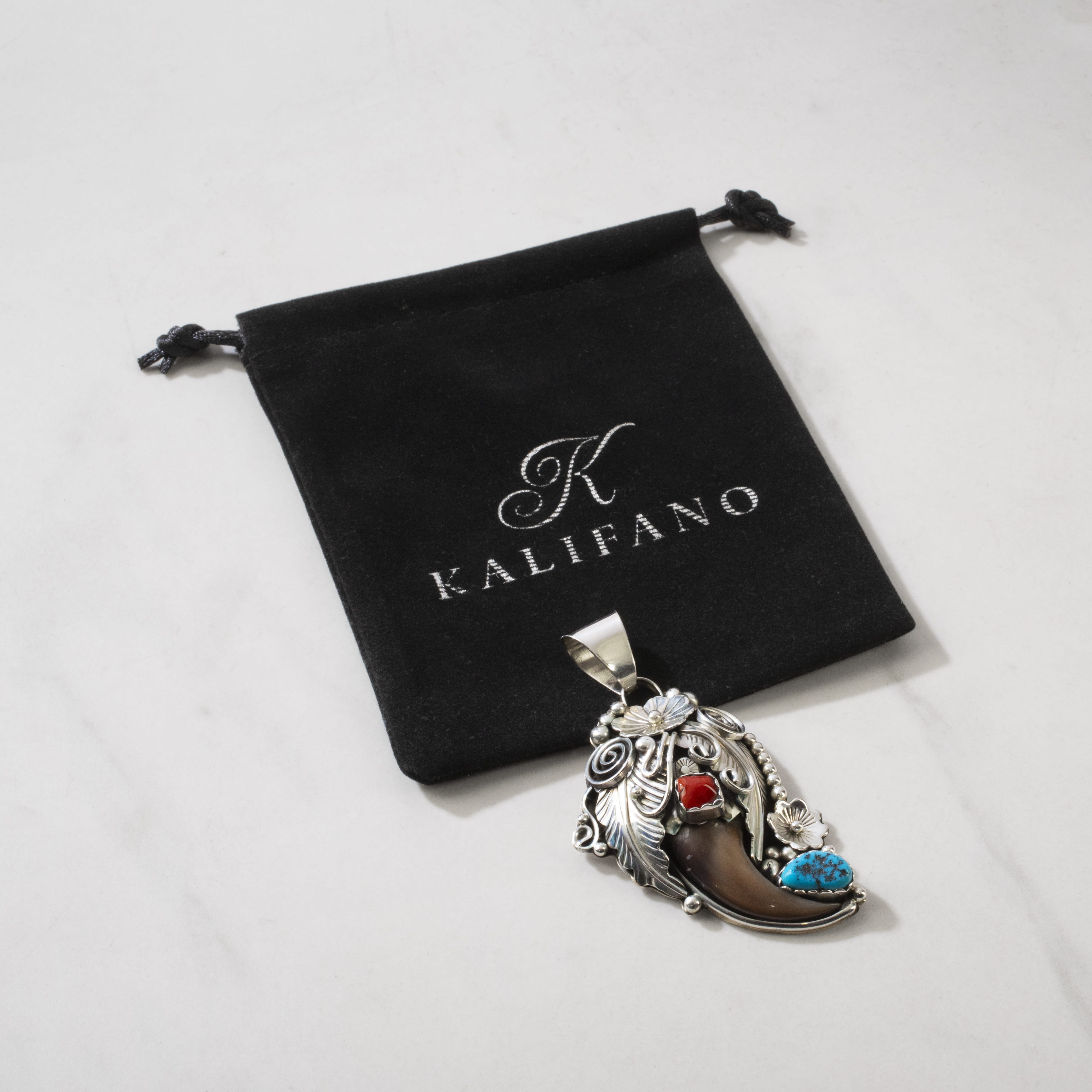 Kalifano Native American Jewelry Sleeping Beauty & Coral Bear Claw Navajo USA Native American Made 925 Sterling Silver Pendant NAN2400.021