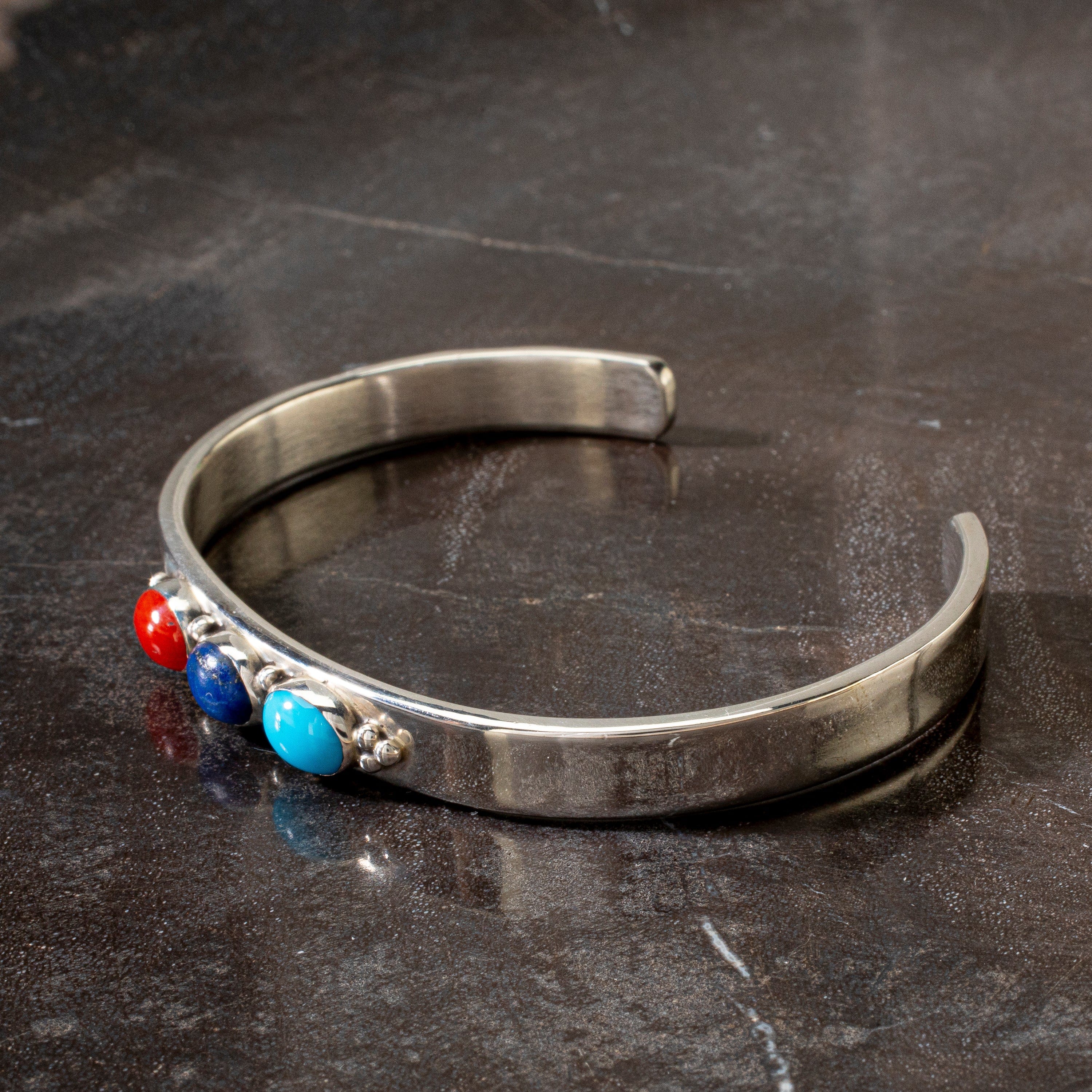 Kalifano Native American Jewelry Sleeping Beauty Turquoise, Coral, Lapis Navajo USA Native American Made 925 Sterling Silver Cuff NAB500.009