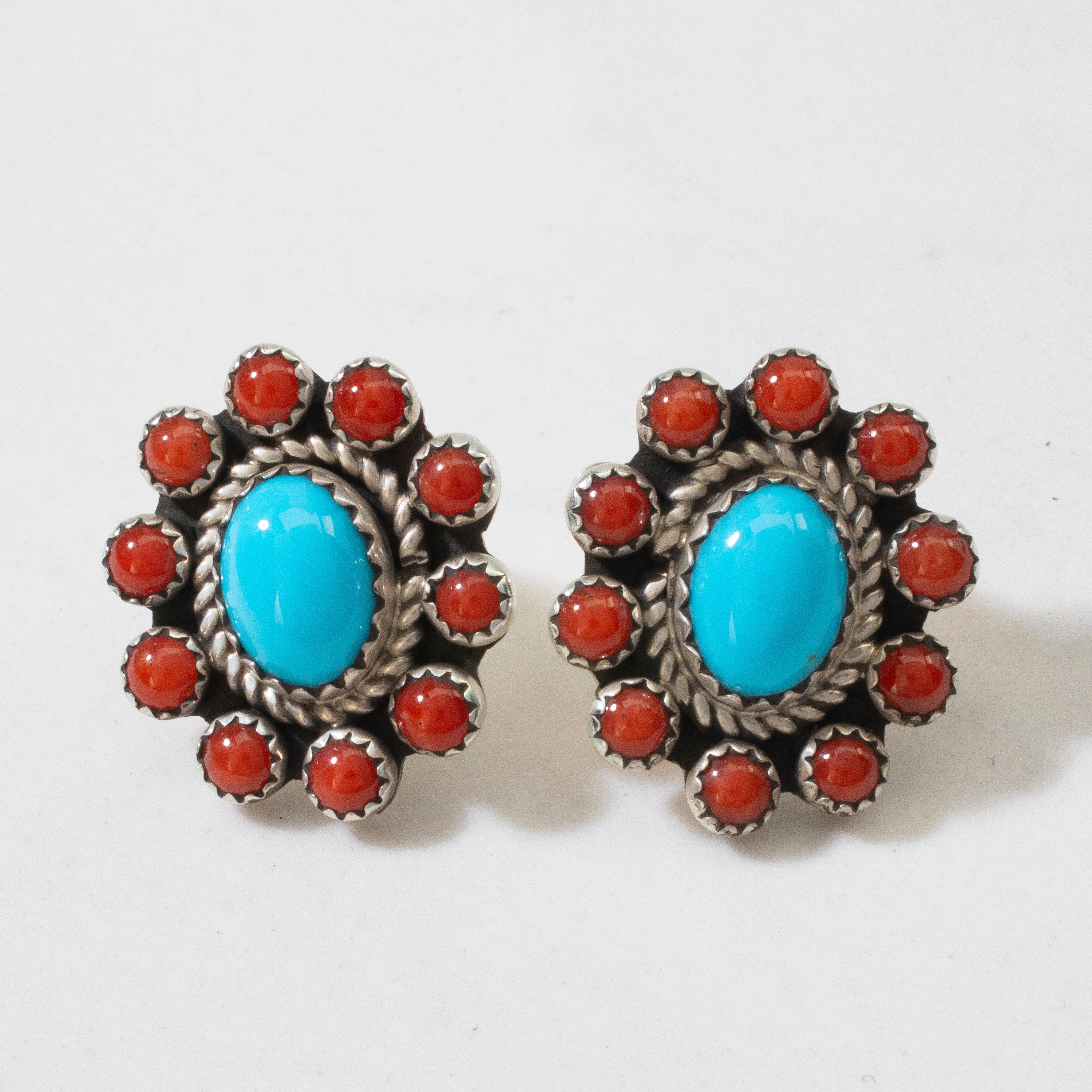 Kalifano Native American Jewelry Sleeping Beauty Turquoise & Red Coral Flower Navajo USA Native American Made 925 Sterling Silver Earrings with Stud Backing NAE400.042