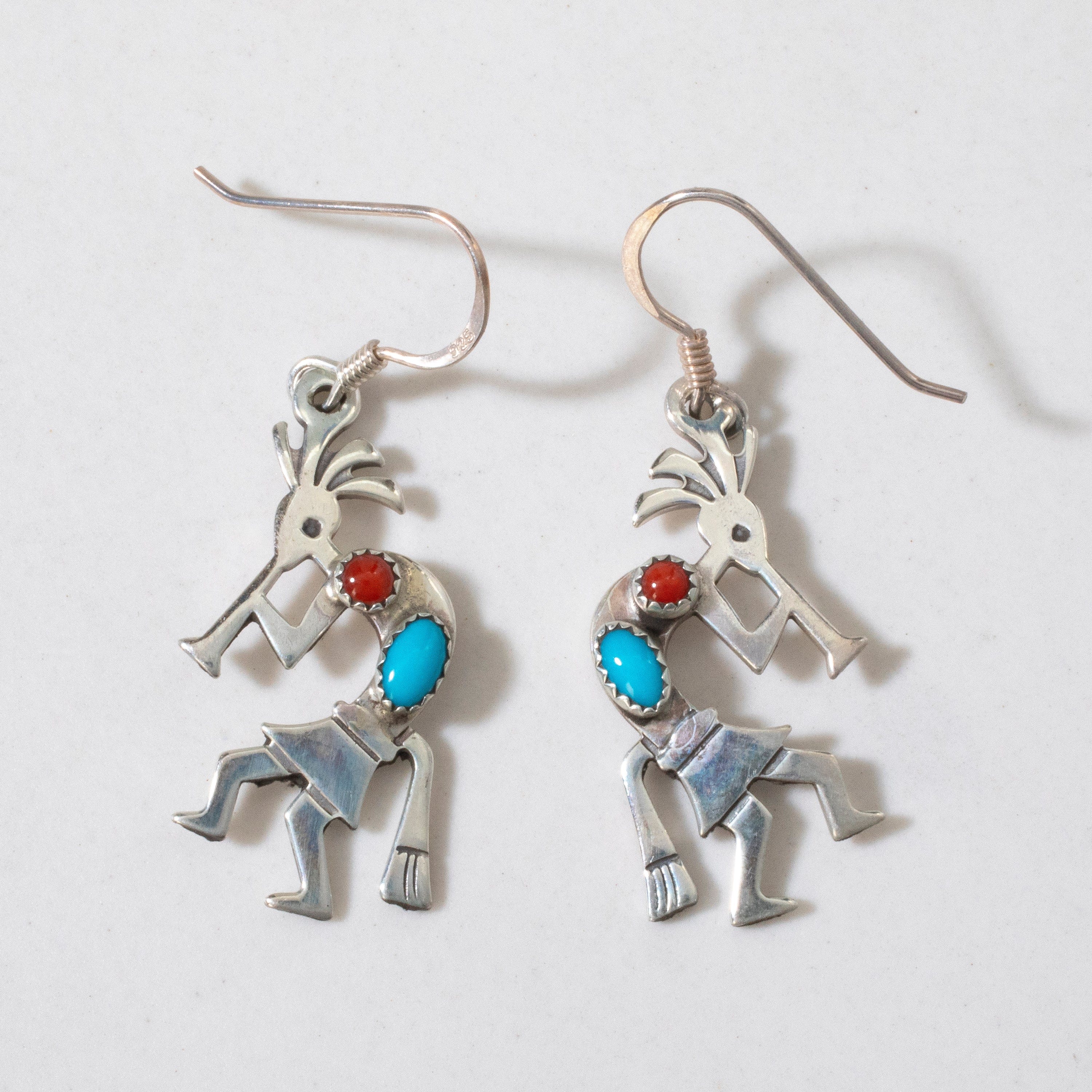 Kalifano Native American Jewelry Sleeping Beauty Turquoise & Red Coral Kokopelli Navajo USA Native American Made 925 Sterling Silver Earrings with French Hook NAE200.011