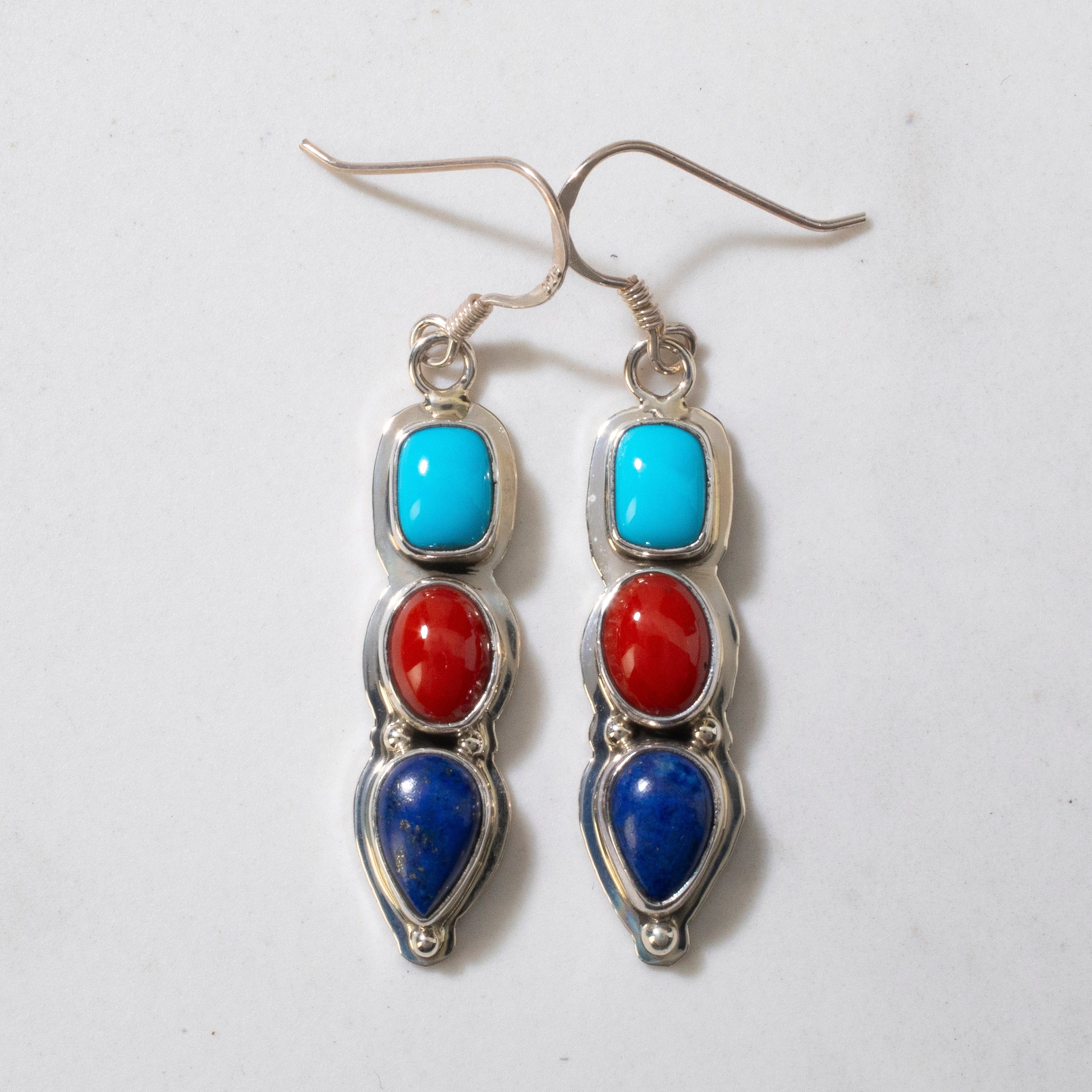 Kalifano Native American Jewelry Sleeping Beauty Turquoise, Red Coral, & Lapis Dangle Navajo USA Native American Made 925 Sterling Silver Earrings with French Hook NAE400.036