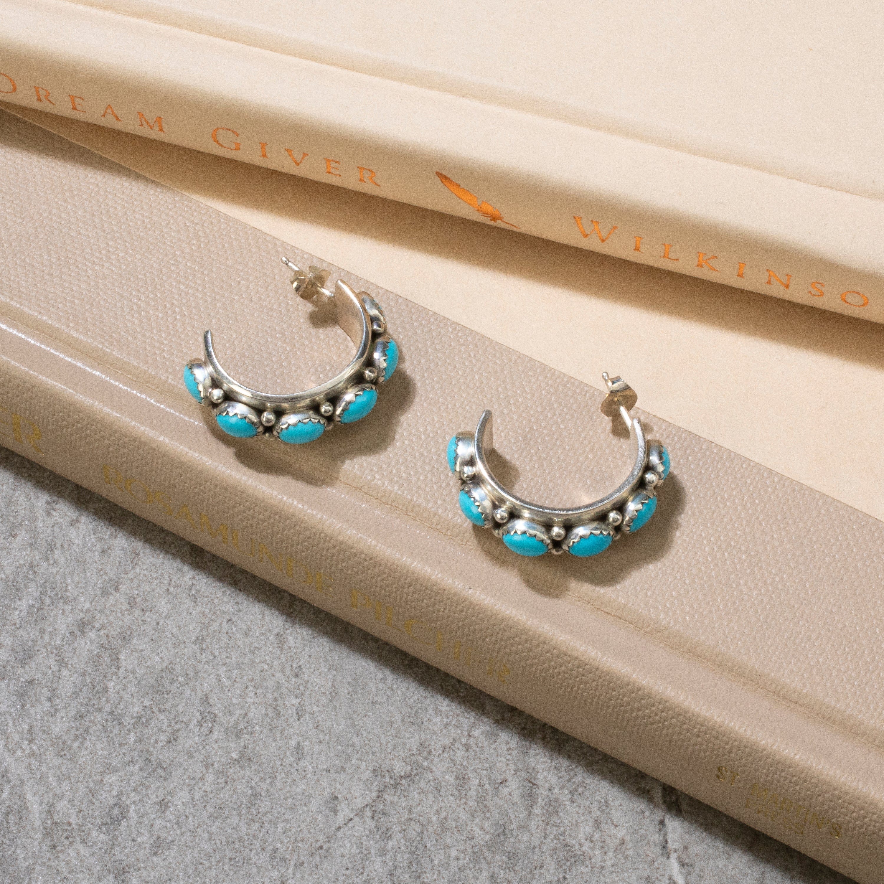 Kalifano Native American Jewelry Sleeping Beauty Turquoise Semi Hoop Navajo USA Native American Made 925 Sterling Silver Earrings with Stud Backing NAE700.006