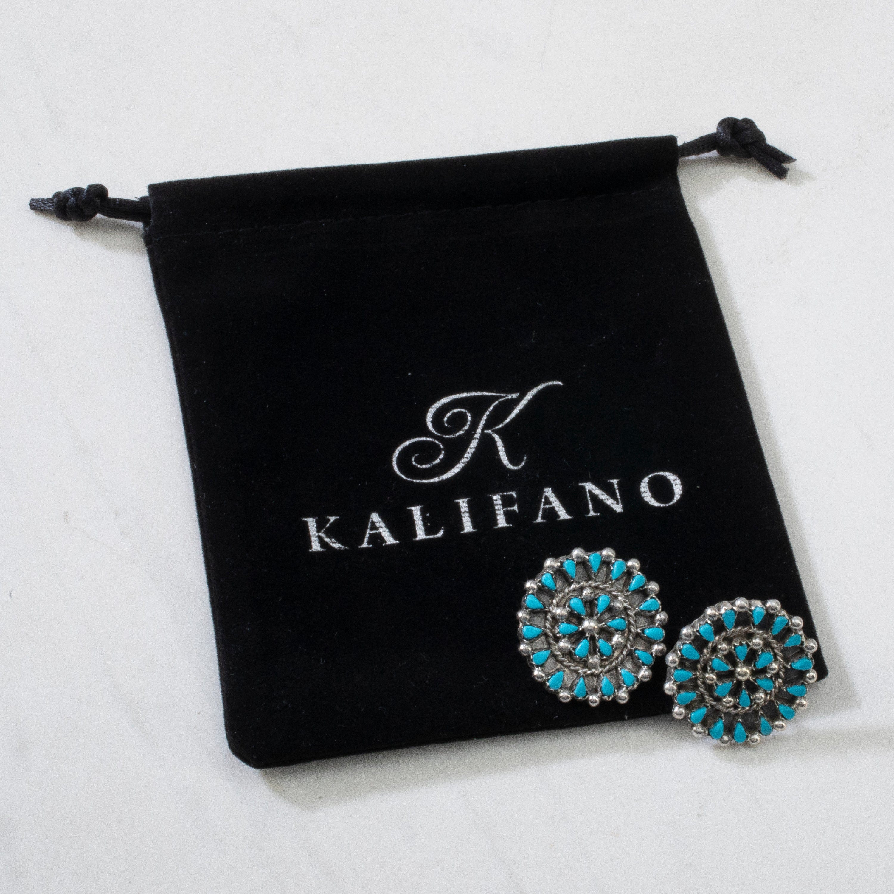 Kalifano Native American Jewelry Tricia Leekity Kingman Turquoise Flower USA Zuni Native American Made 925 Sterling Silver Earrings with Stud Backing NAE600.028