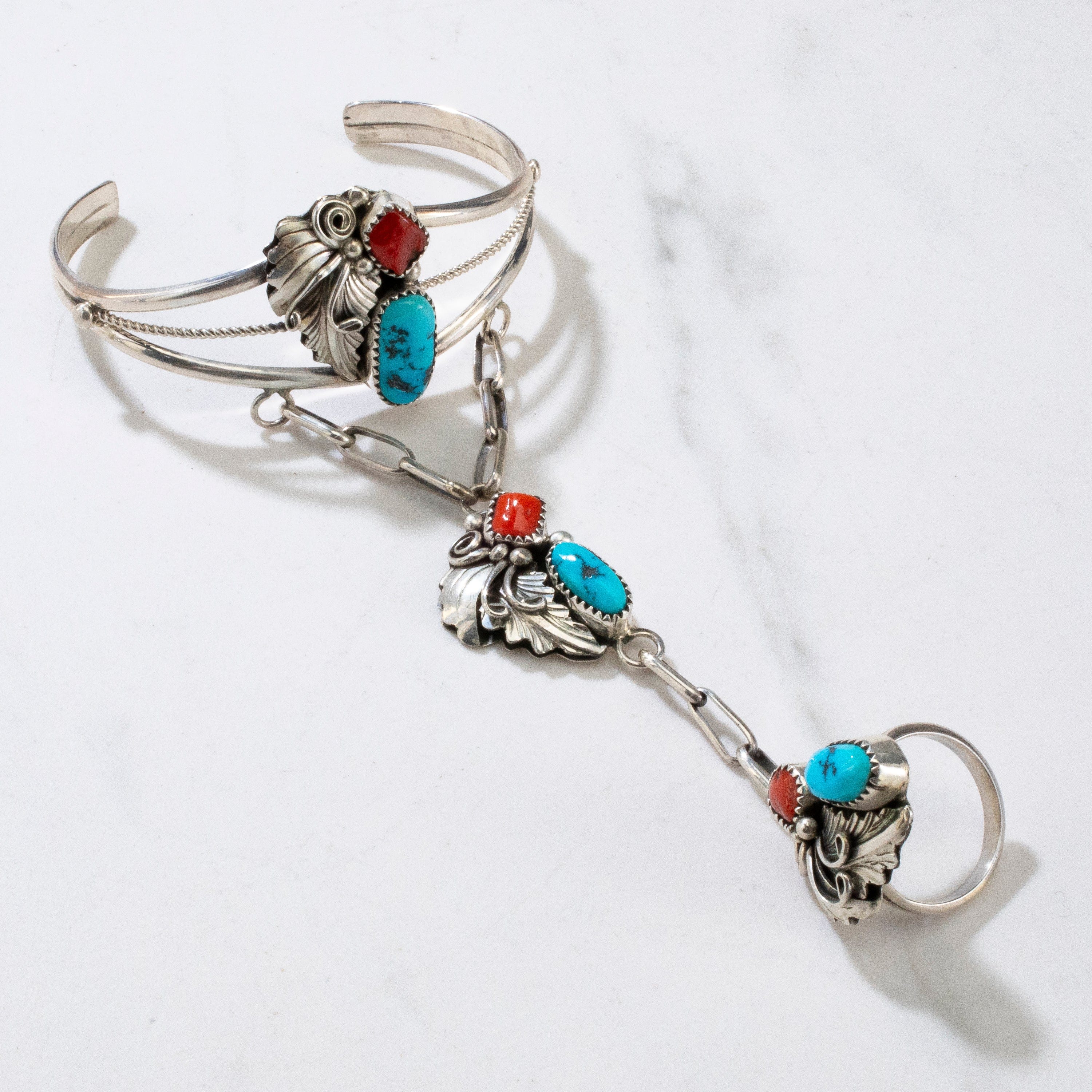 Kalifano Native American Jewelry Turquoise & Coral Navajo USA Native American Made 925 Sterling Silver Linked Cuff and Ring NAB1200.047