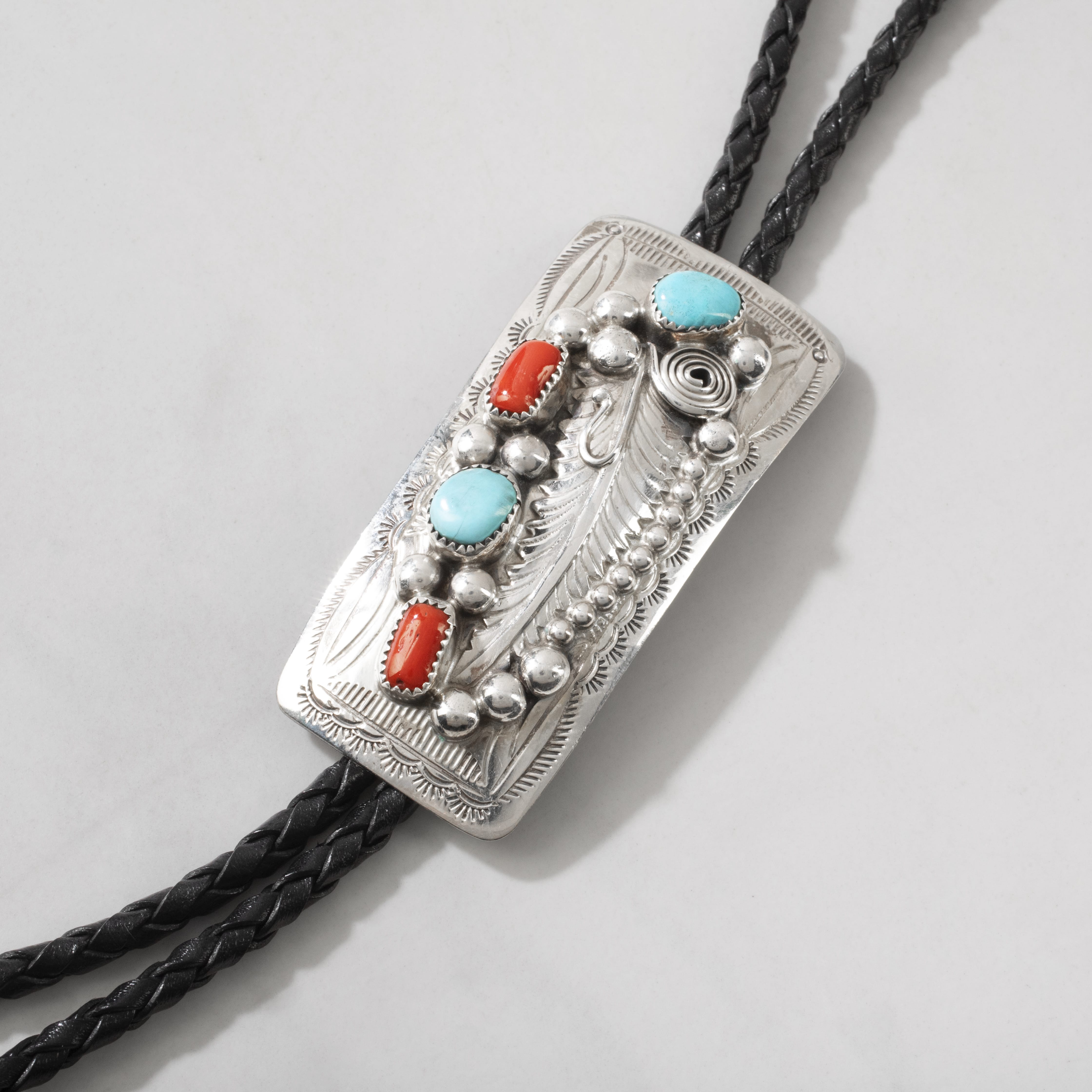 Kalifano Native American Jewelry Wilbert Musket Kingman Tuquoise & Coral Navajo USA Native American Made 925 Sterling Silver Bolo Tie NABT1250.001