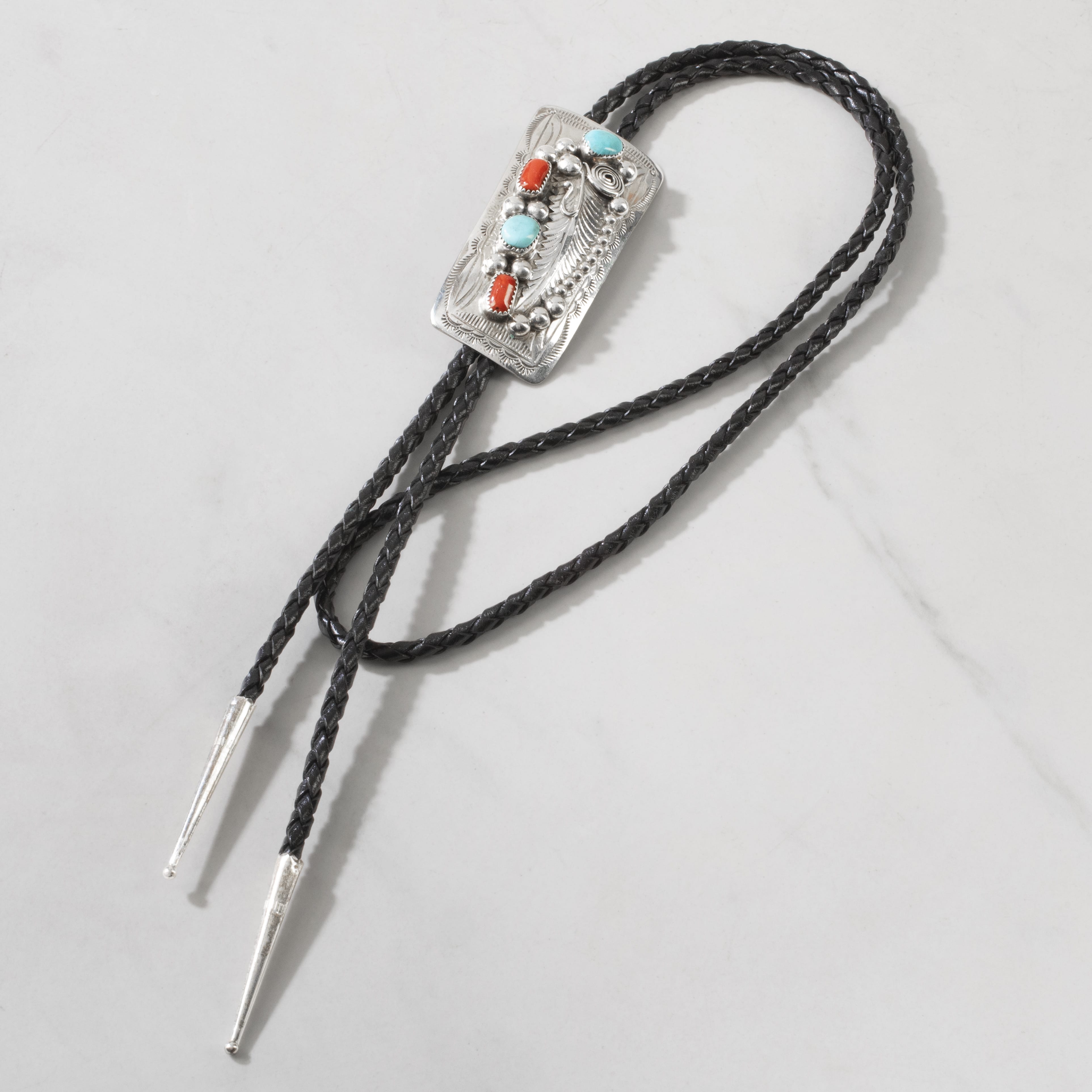 Kalifano Native American Jewelry Wilbert Musket Kingman Tuquoise & Coral Navajo USA Native American Made 925 Sterling Silver Bolo Tie NABT1250.001