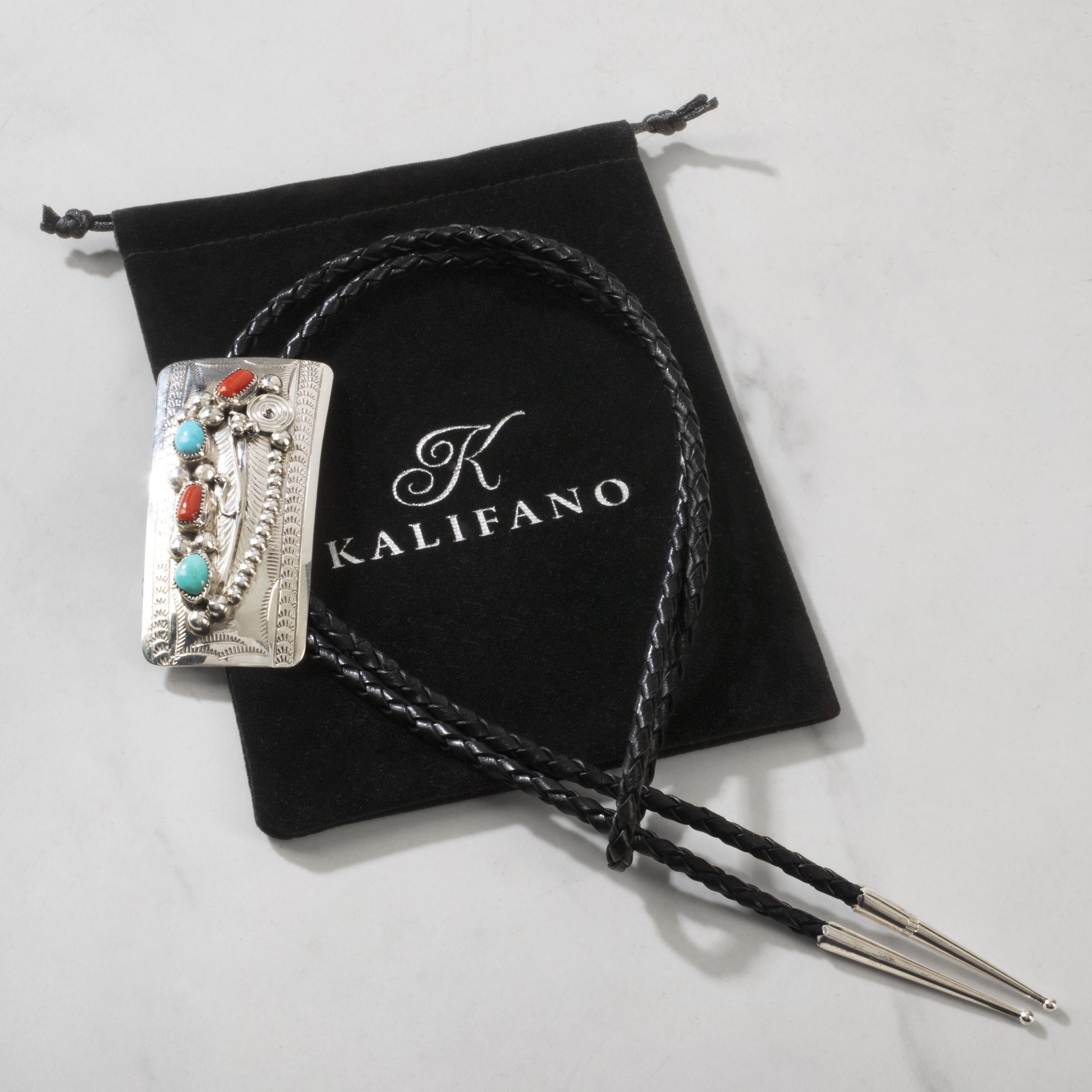 Kalifano Native American Jewelry Wilbert Musket Kingman Tuquoise & Coral Navajo USA Native American Made 925 Sterling Silver Bolo Tie NABT1250.003