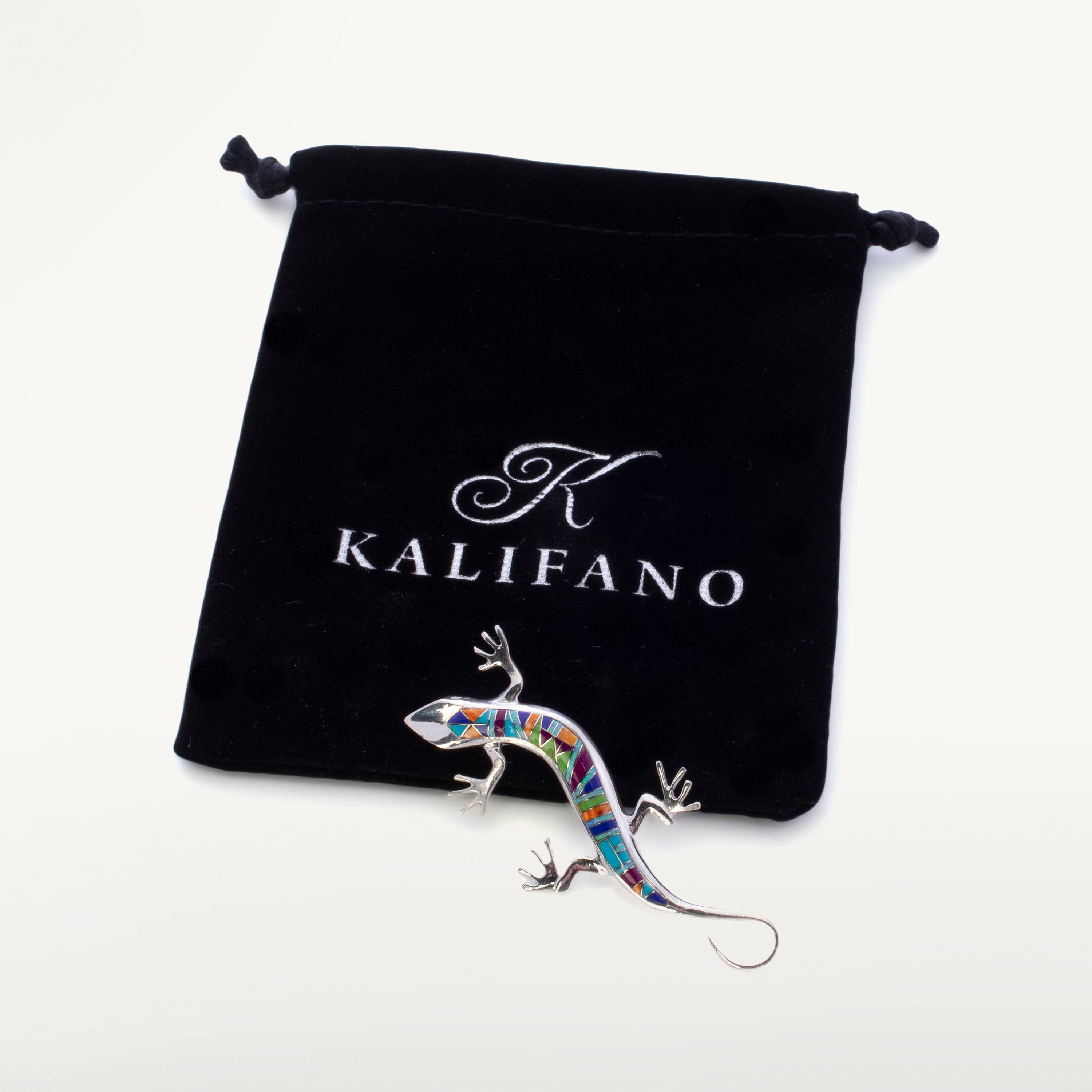 KALIFANO Pendants Multi Gemstone Lizard 925 Sterling Silver Pin USA Handmade with Opal Accent NMP.0597.MT