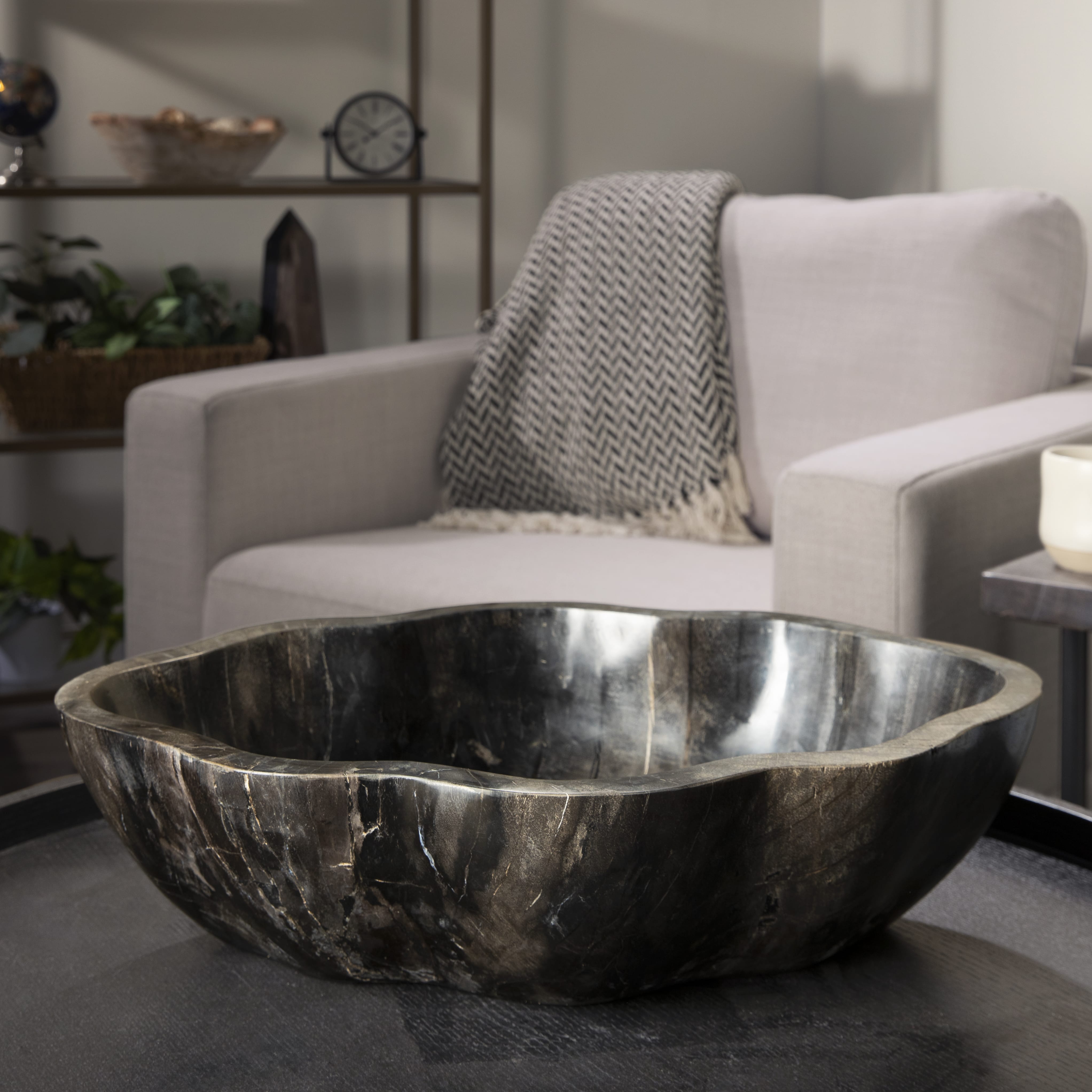 Kalifano Petrified Wood 24" Black Petrified Wood Flower Bowl PWBO3500-BK