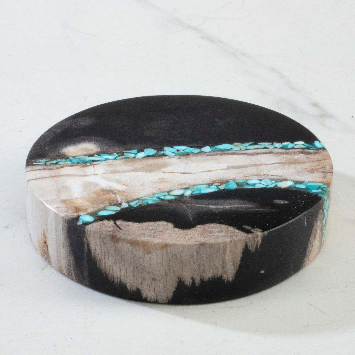 3.5" Set of Four Black Small Petrified Wood Coasters with Turquoise Inlay