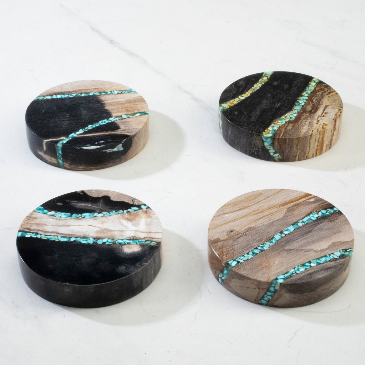 3.5" Set of Four Black Small Petrified Wood Coasters with Turquoise Inlay