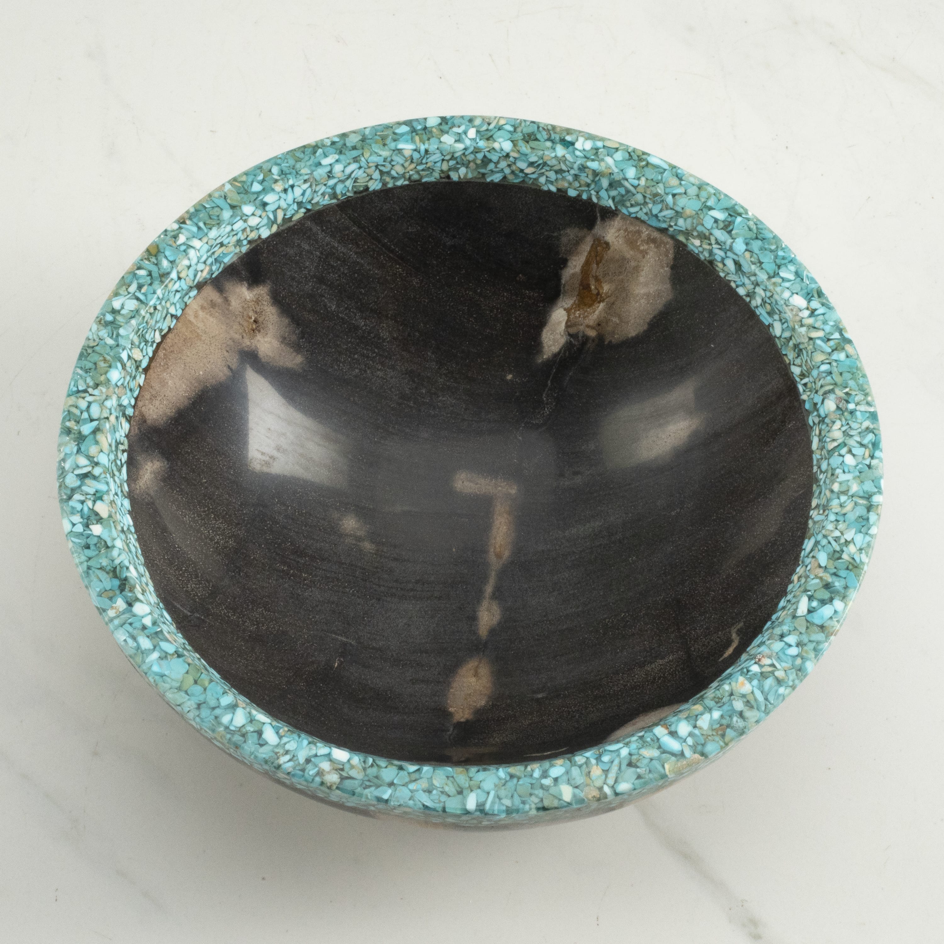 Kalifano Petrified Wood 9" Black Small Petrified Wood Bowl with Turquoise Inlay PWBO500-BKTQ