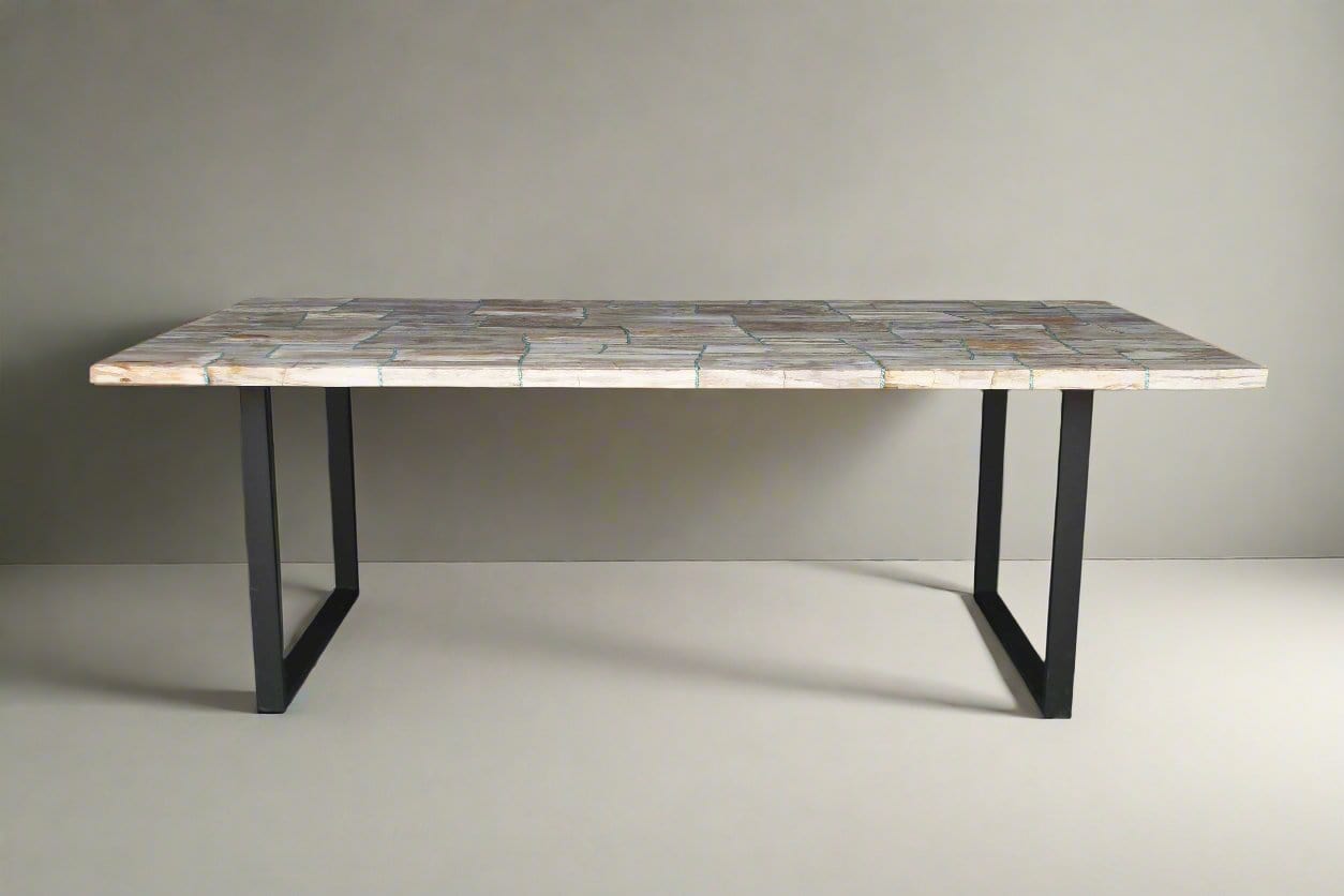 Kalifano Petrified Wood Brown Mosaic Petrified Wood Howlite Turquoise Inlayed Dining Table 87" PWR18000-BN.001