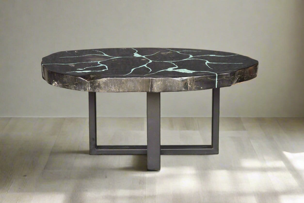 Kalifano Petrified Wood Petrified Wood Round Coffee Howlite Turquoise Inlayed Table 38" / 154 lbs PWTTQ6200.001