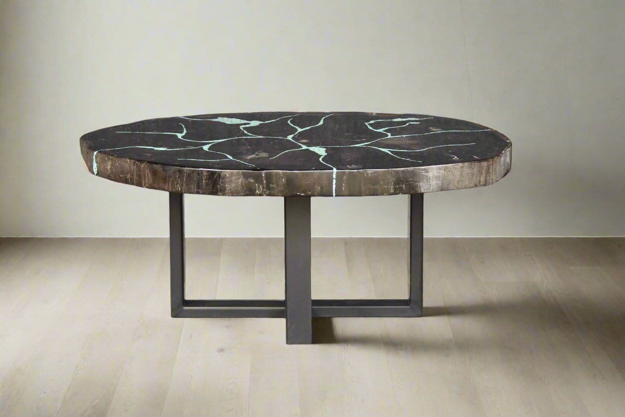 Kalifano Petrified Wood Petrified Wood Round Coffee Howlite Turquoise Inlayed Table 38" / 154 lbs PWTTQ6200.001