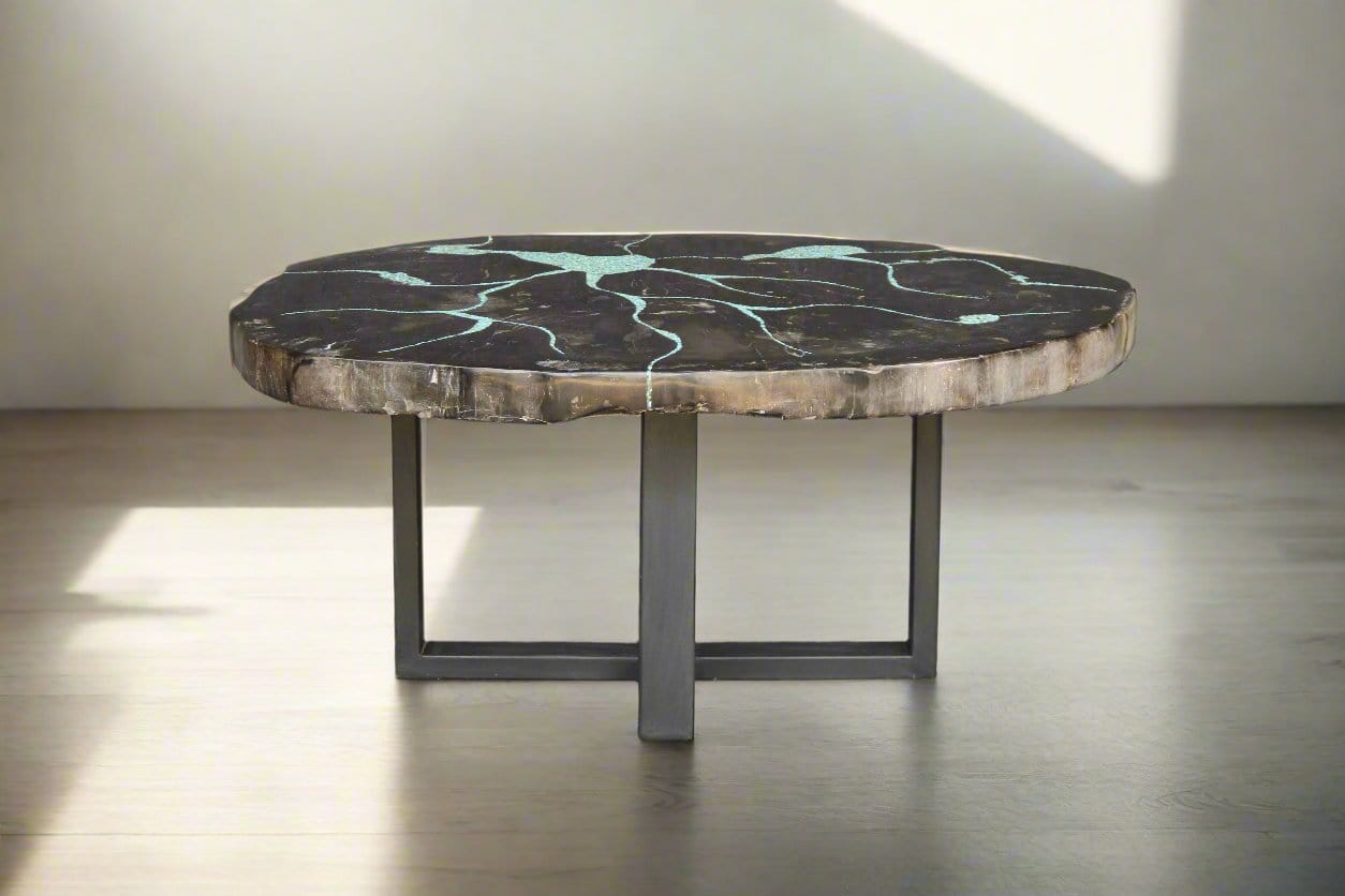 Kalifano Petrified Wood Petrified Wood Round Coffee Howlite Turquoise Inlayed Table 39" / 163 lbs PWTTQ6600.001