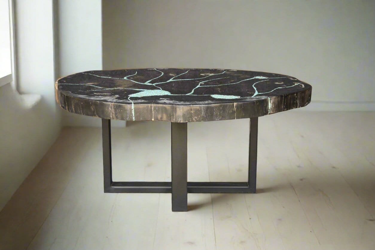 Kalifano Petrified Wood Petrified Wood Round Coffee Howlite Turquoise Inlayed Table 39" / 163 lbs PWTTQ6600.002