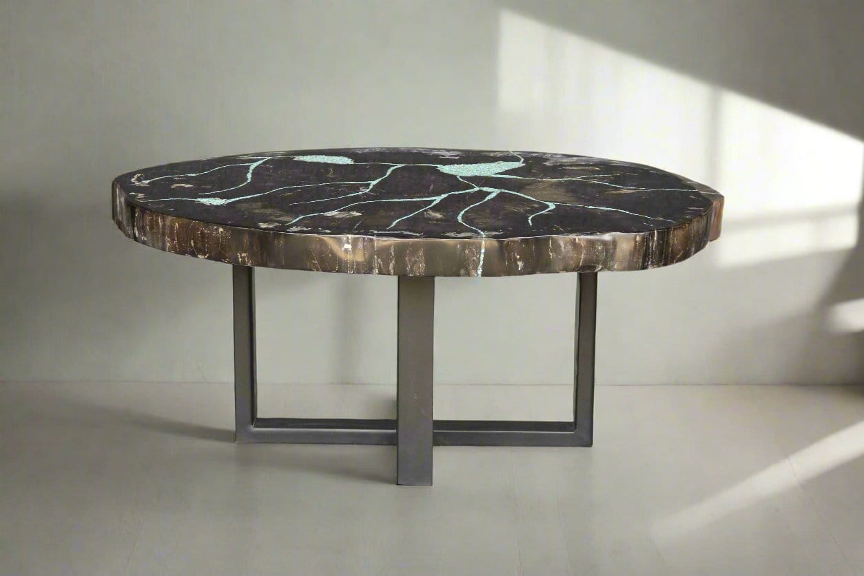 Kalifano Petrified Wood Petrified Wood Round Coffee Howlite Turquoise Inlayed Table 39" / 163 lbs PWTTQ6600.002