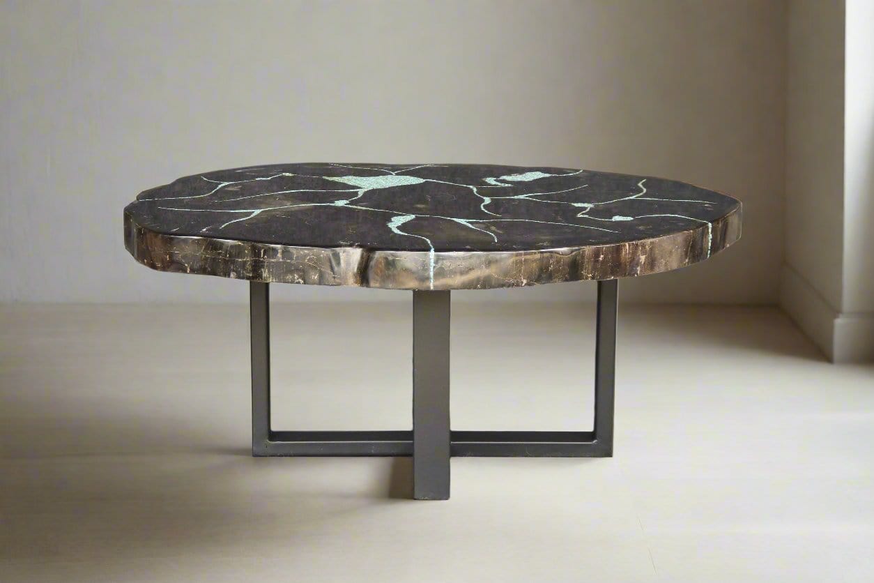 Kalifano Petrified Wood Petrified Wood Round Coffee Howlite Turquoise Inlayed Table 39" / 169 lbs PWTTQ7000.002