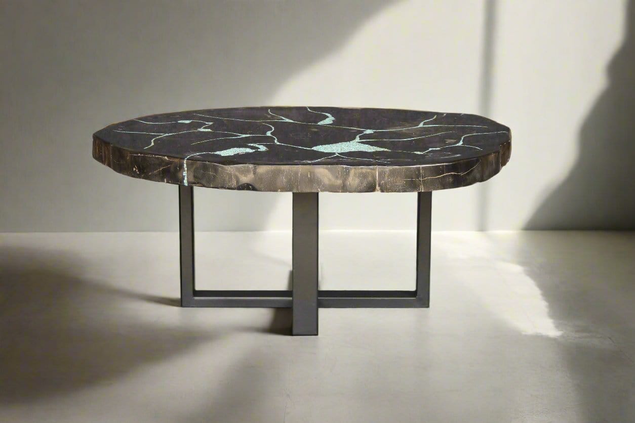 Kalifano Petrified Wood Petrified Wood Round Coffee Howlite Turquoise Inlayed Table 39" / 169 lbs PWTTQ7000.002