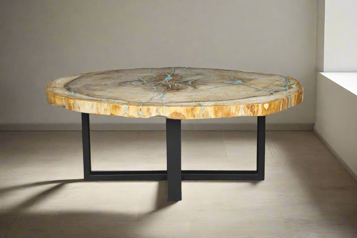 Kalifano Petrified Wood Petrified Wood Round Coffee Howlite Turquoise Inlayed Table 43" / 198 lbs PWTTQ8000.001