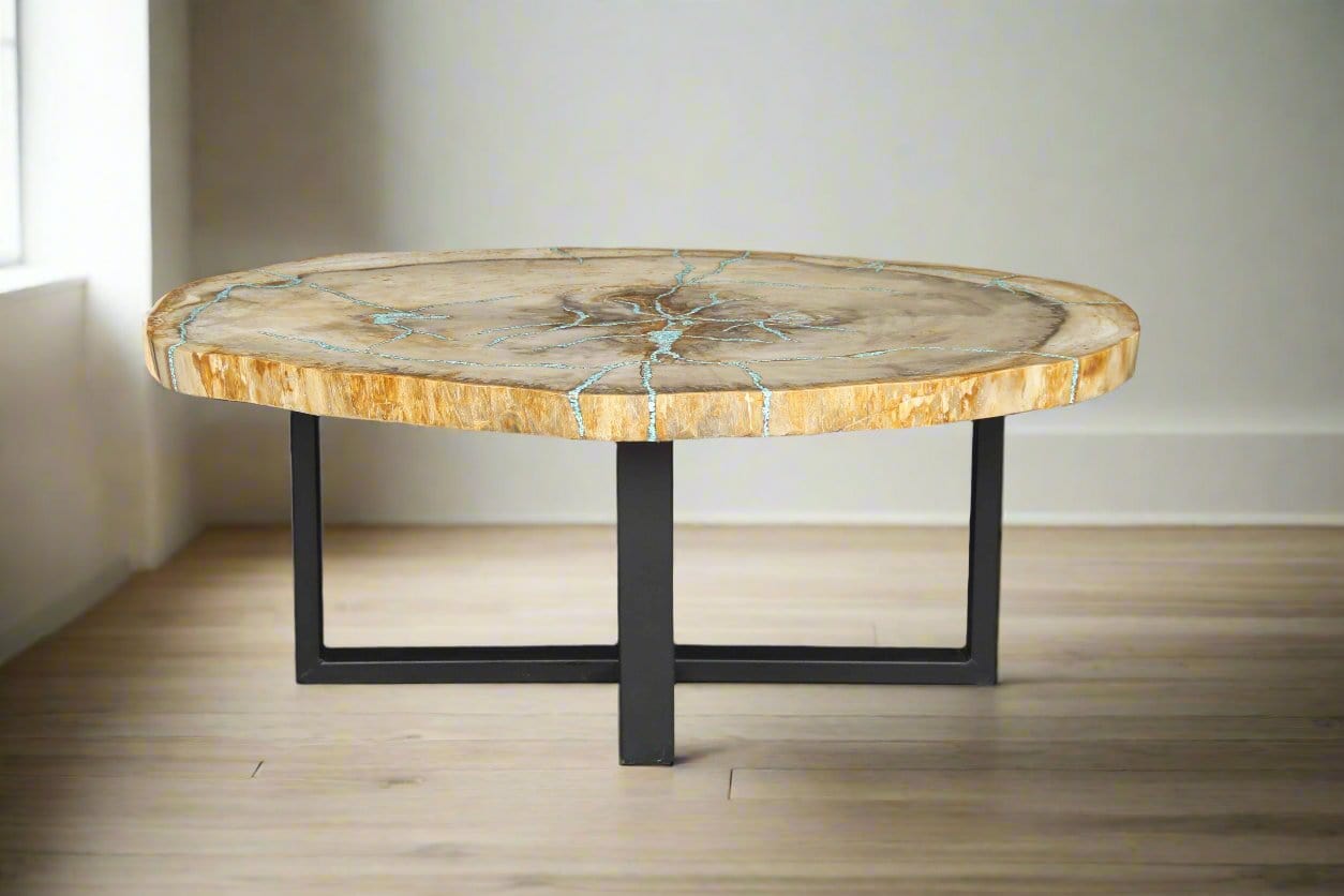 Kalifano Petrified Wood Petrified Wood Round Coffee Howlite Turquoise Inlayed Table 43" / 198 lbs PWTTQ8000.001