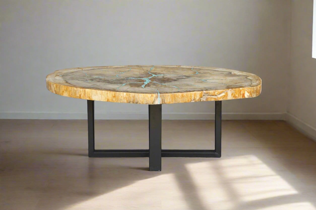 Kalifano Petrified Wood Petrified Wood Round Coffee Howlite Turquoise Inlayed Table 43" / 207 lbs PWTTQ8400.001