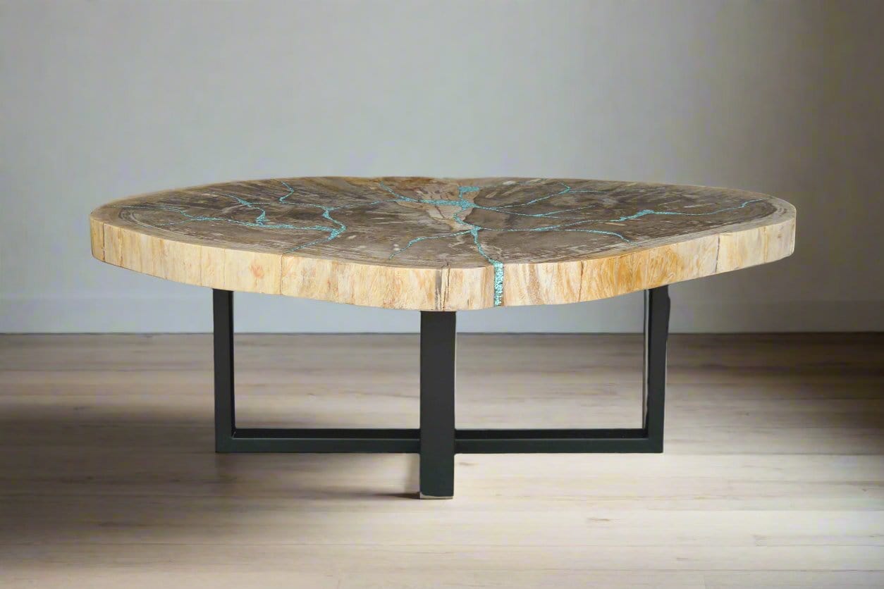 Kalifano Petrified Wood Petrified Wood Round Coffee Howlite Turquoise Inlayed Table 50" / 253 lbs PWTTQ10200.001