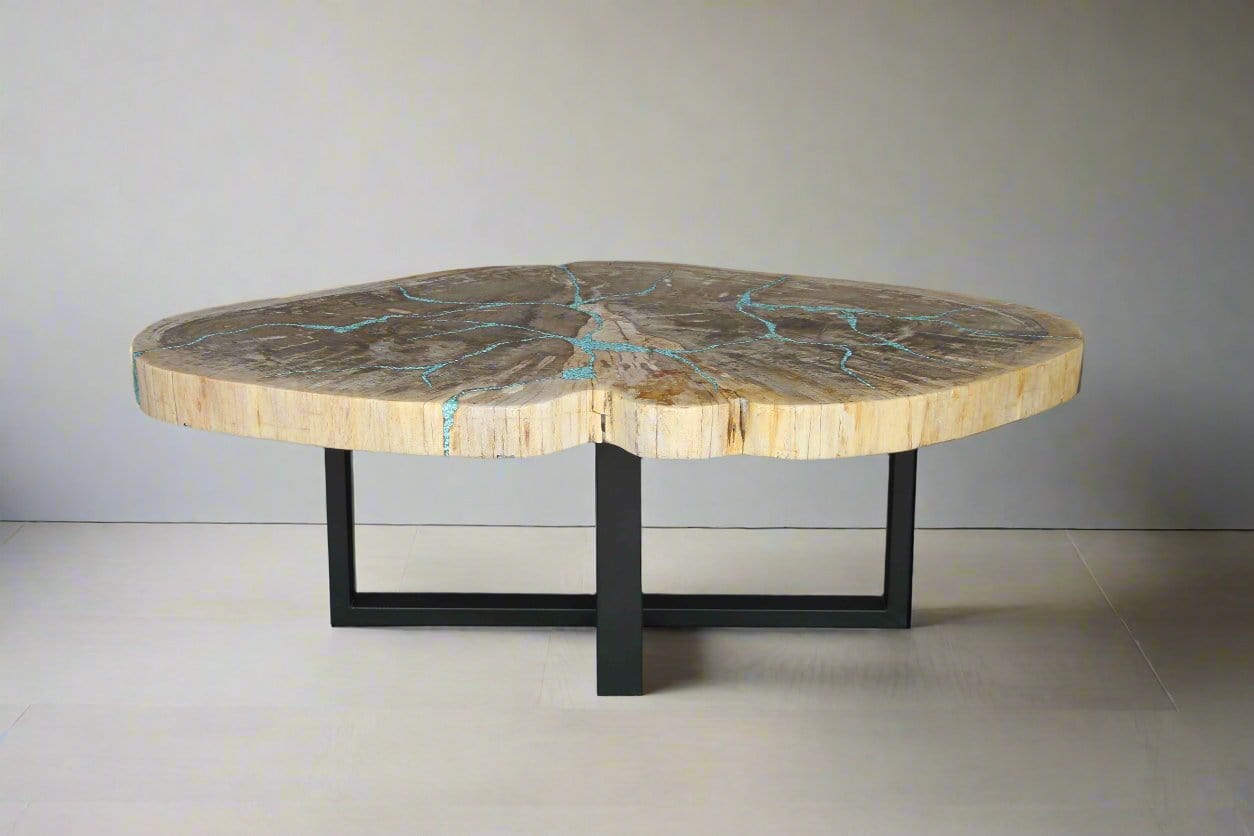 Kalifano Petrified Wood Petrified Wood Round Coffee Howlite Turquoise Inlayed Table 50" / 253 lbs PWTTQ10200.001