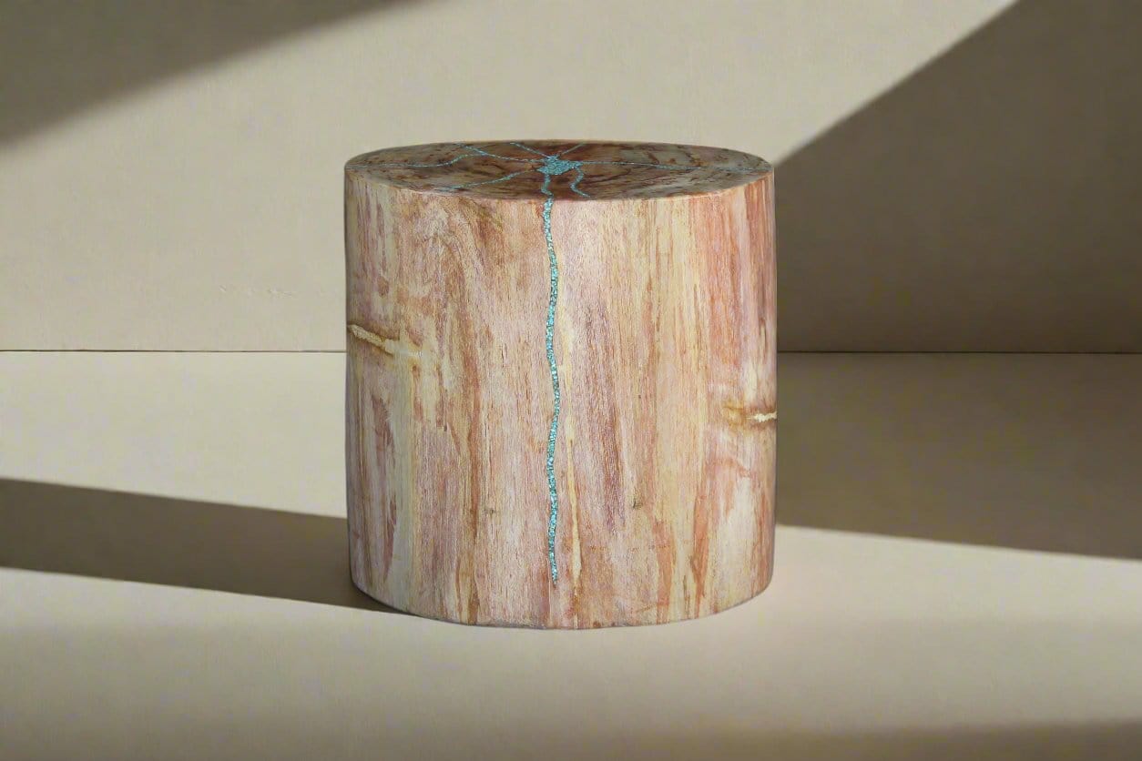 Kalifano Petrified Wood Petrified Wood Round Stump Howlite Turquoise Inlayed 19" / 262 lbs PWSTQ5300.001