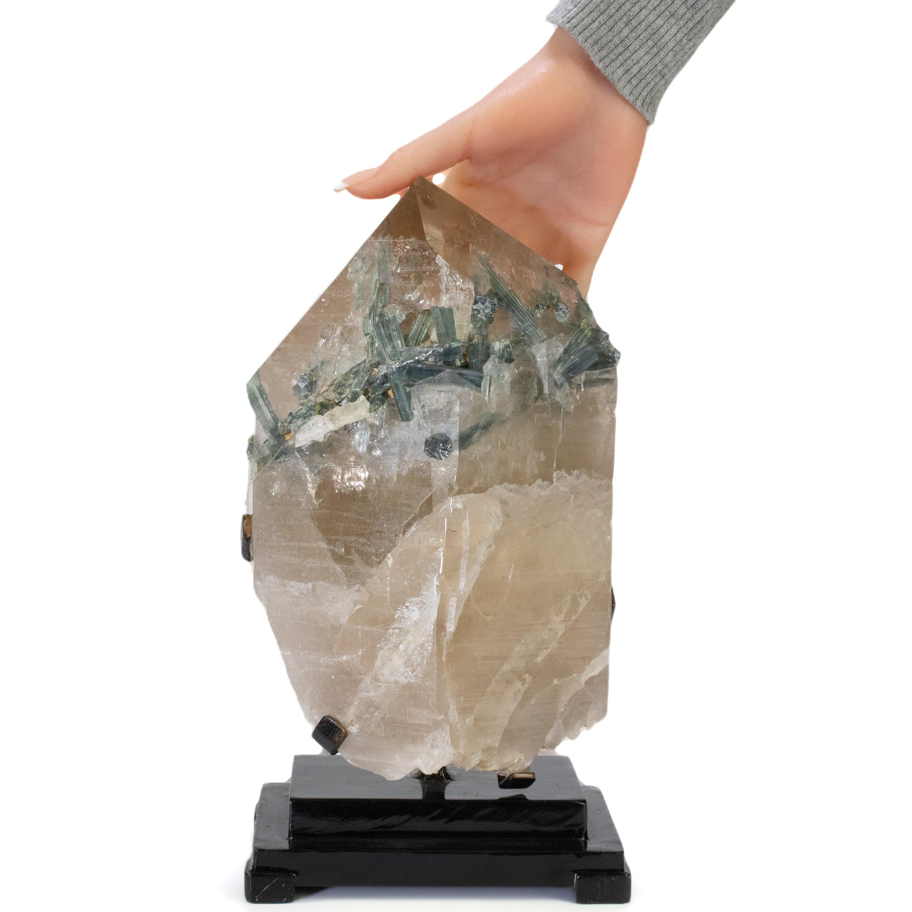 Kalifano Quartz & Tourmaline Brazilian Quartz Point with Indicolite Tourmaline on Custom Stand - 12" / 12 lbs QW48000.001