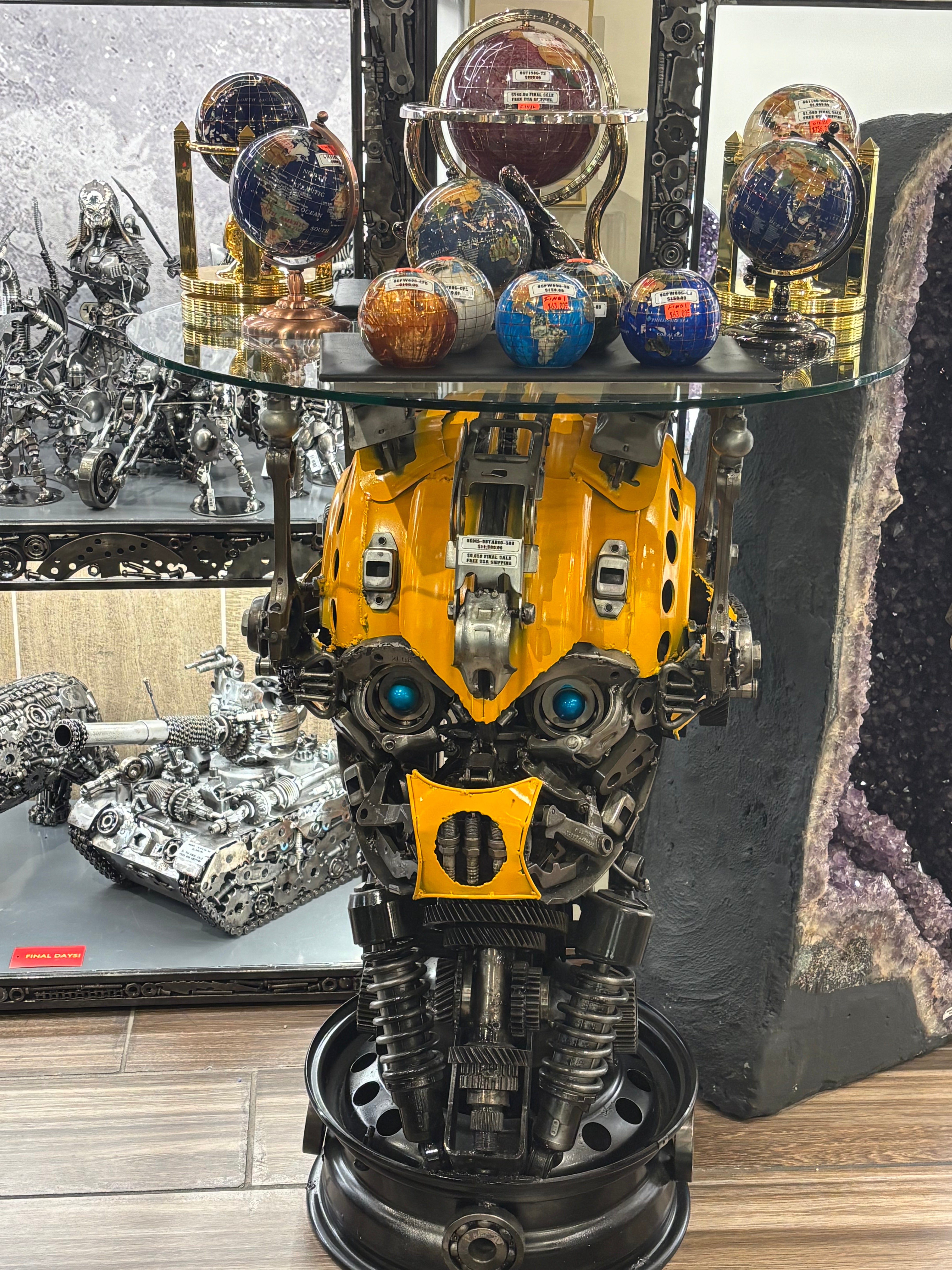 Kalifano Recycled Metal Art 36" Bumblebee Inspired Recycled Metal Sculpture Table RMS-BBTAB90-S08