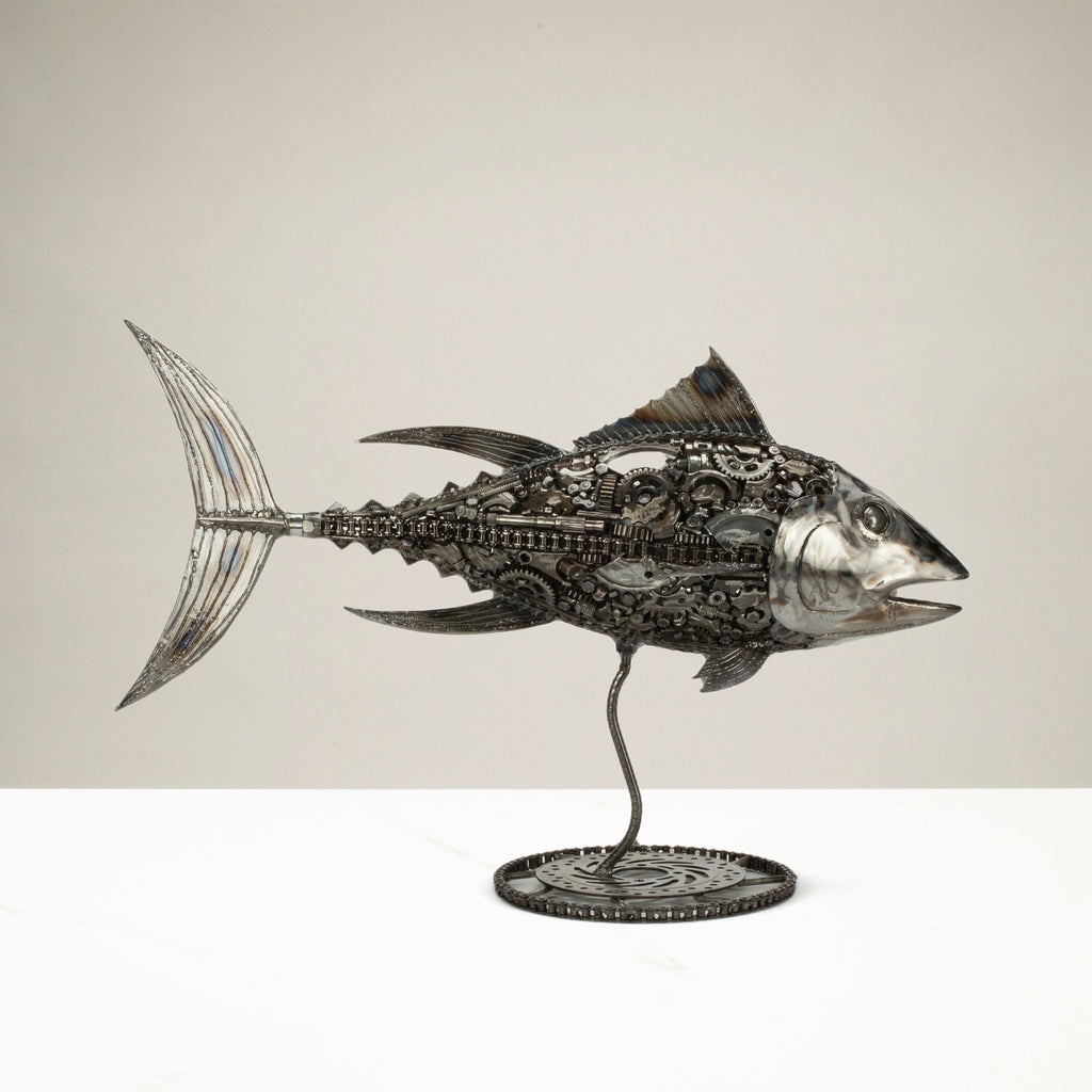 Tuna Fish Inspired Recycled Metal Art Sculpture on Stand - KALIFANO