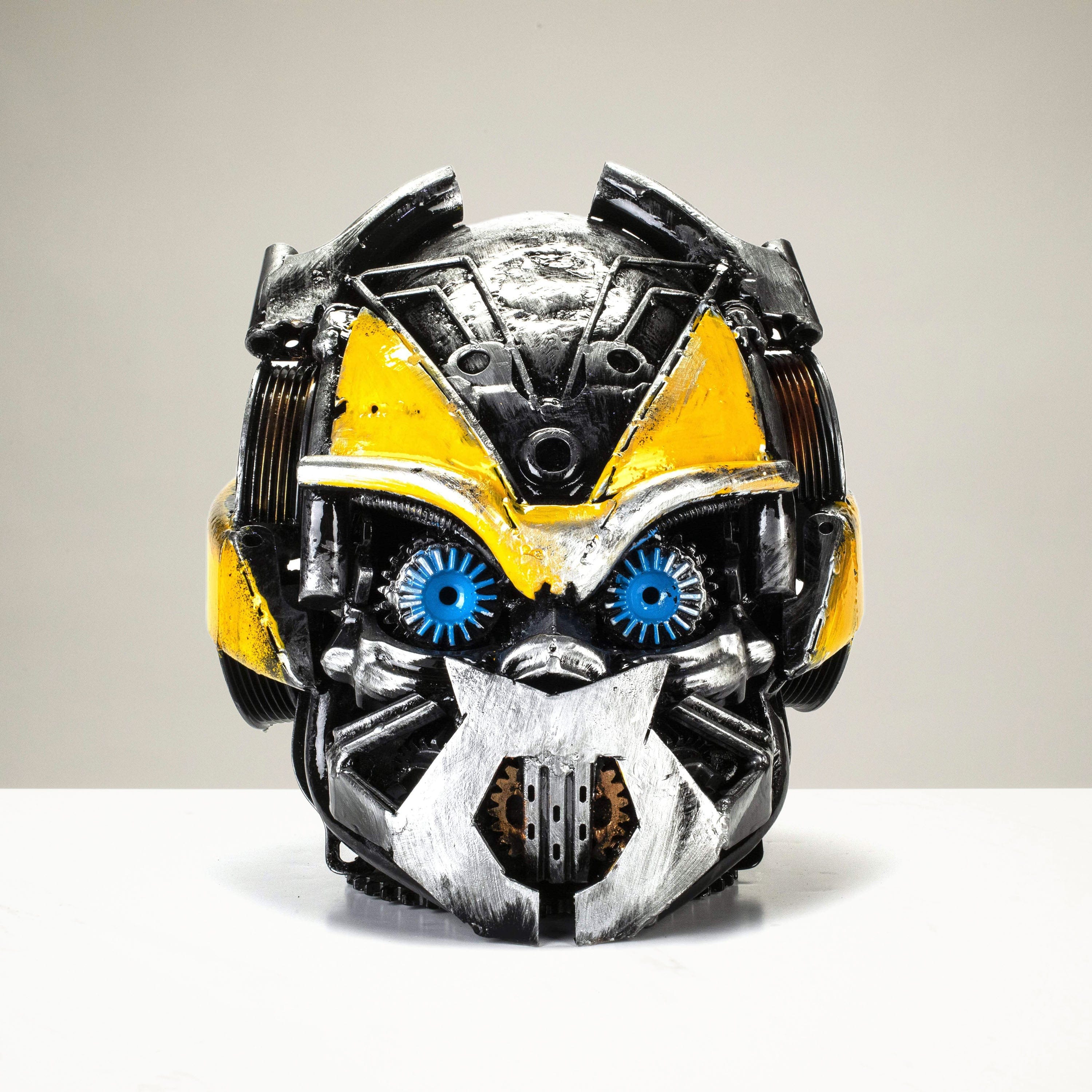 custom made motorcycle helmets transformers BumbleBee Head Inspired Recycled Metal Art Sculpture