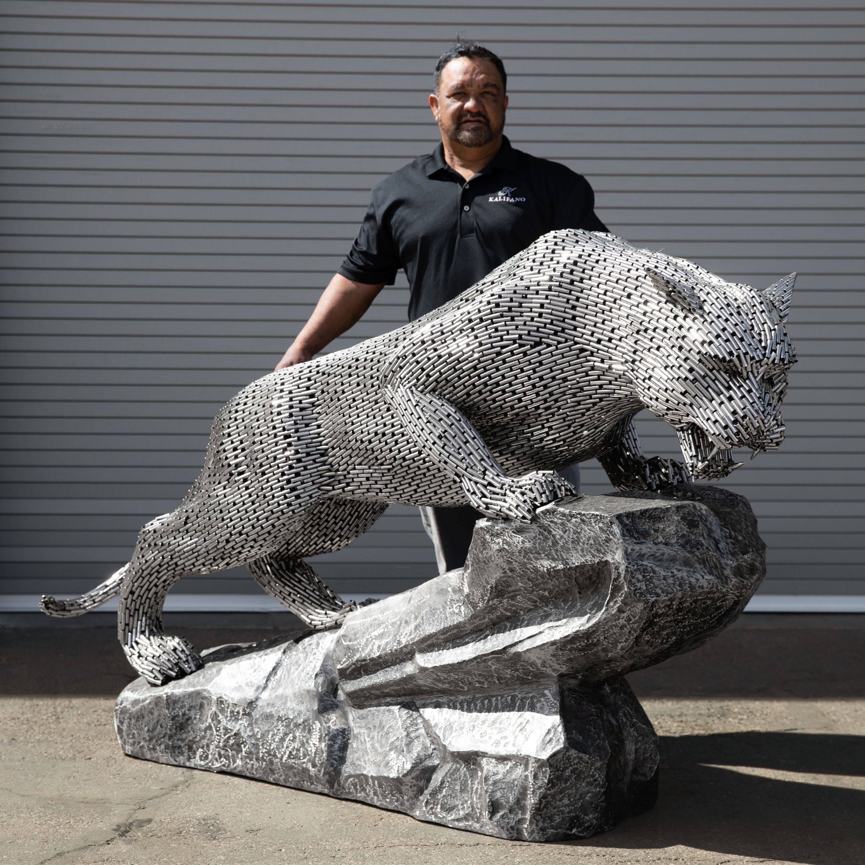 Kalifano Recycled Metal Art Pouncing Panther Stainless Steel Pipe Sculpture with Aluminum Base SSS-P212