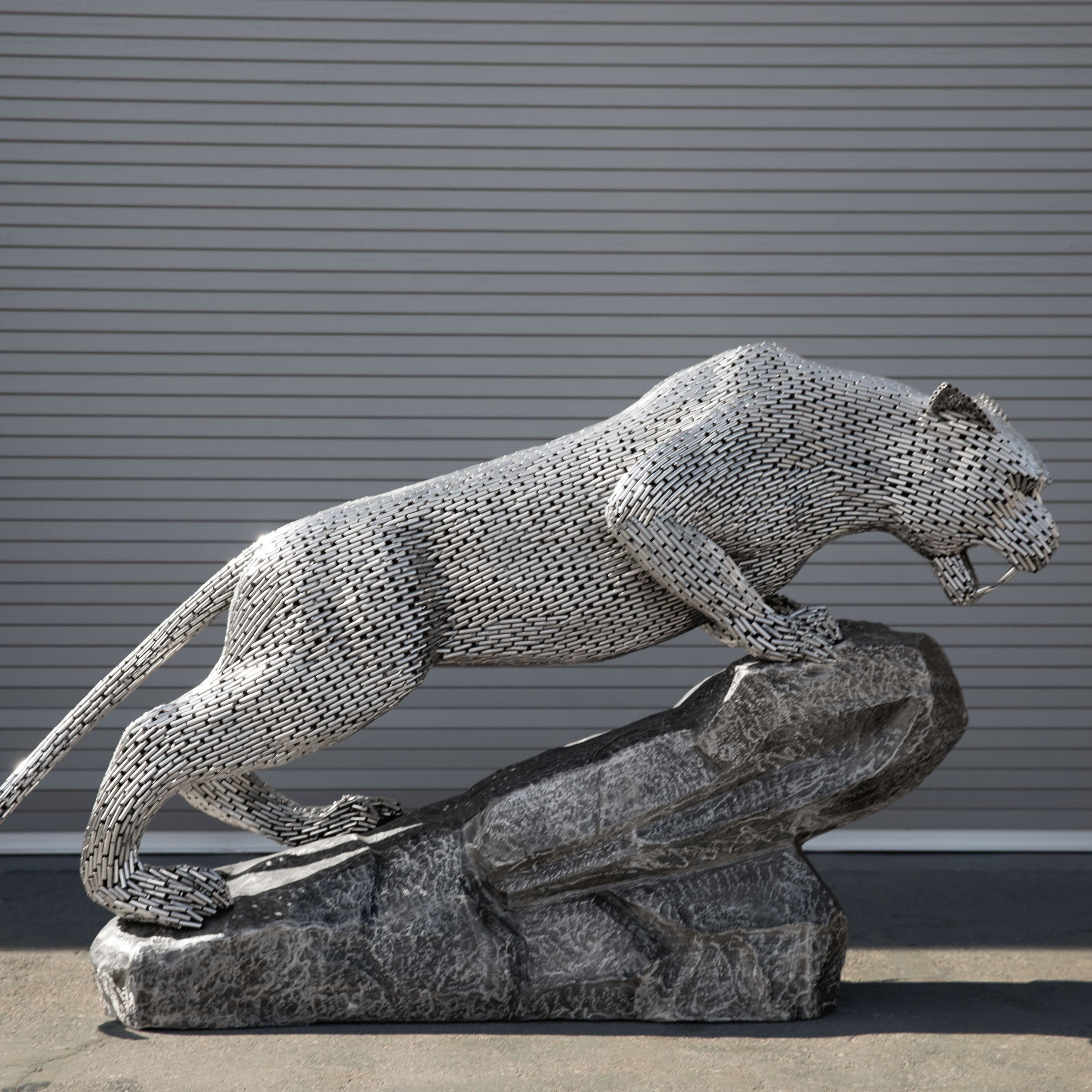 Kalifano Recycled Metal Art Pouncing Panther Stainless Steel Pipe Sculpture with Aluminum Base SSS-P212