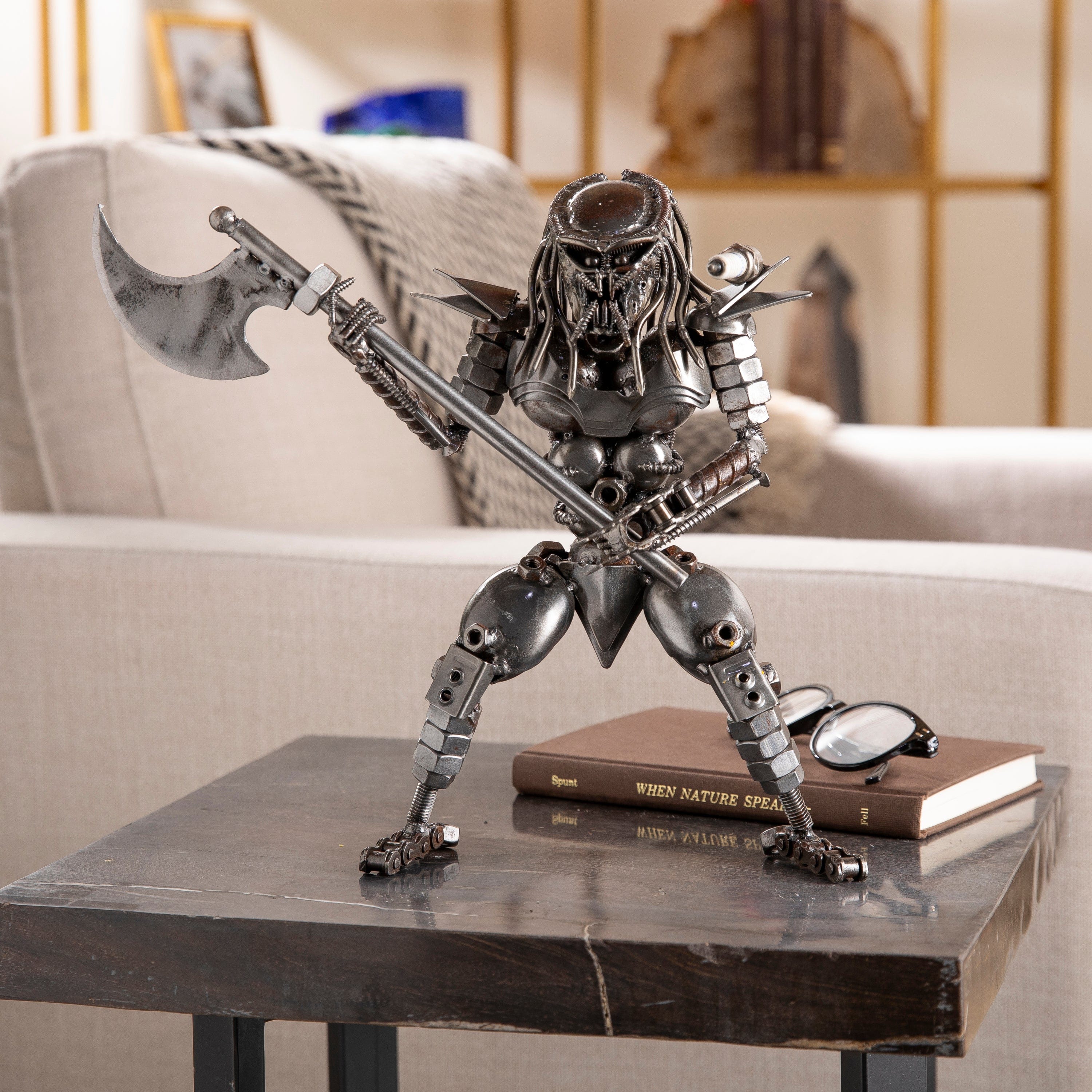 KALIFANO Recycled Metal Art Predator with Battle Axe Inspired Recycled Metal Sculpture RMS-700PB-N