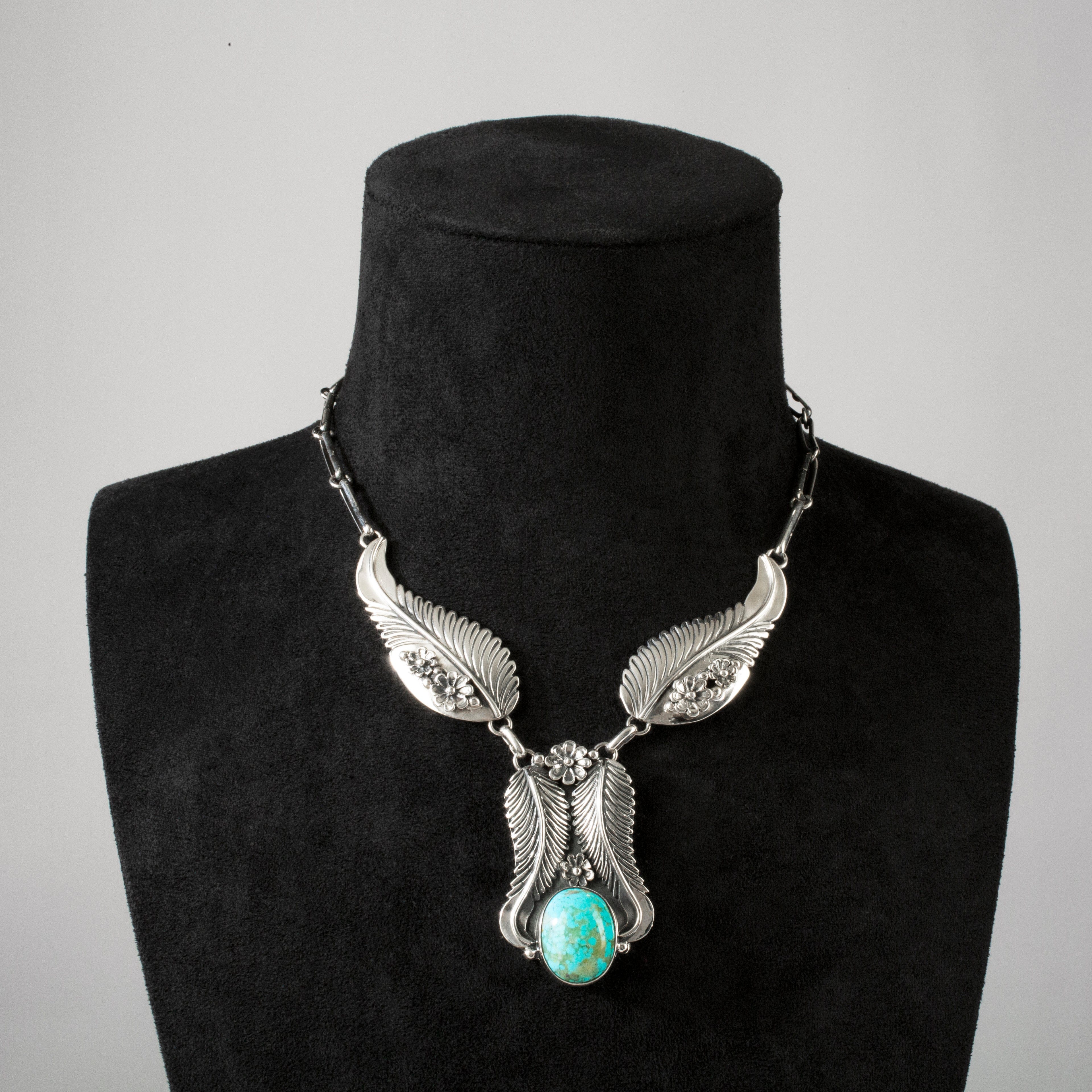 Kalifano Southwest Silver Jewelry 16" Kingman Turquoise Feather Handmade 925 Sterling Silver Chain Link Necklace NMN.0340.TQ