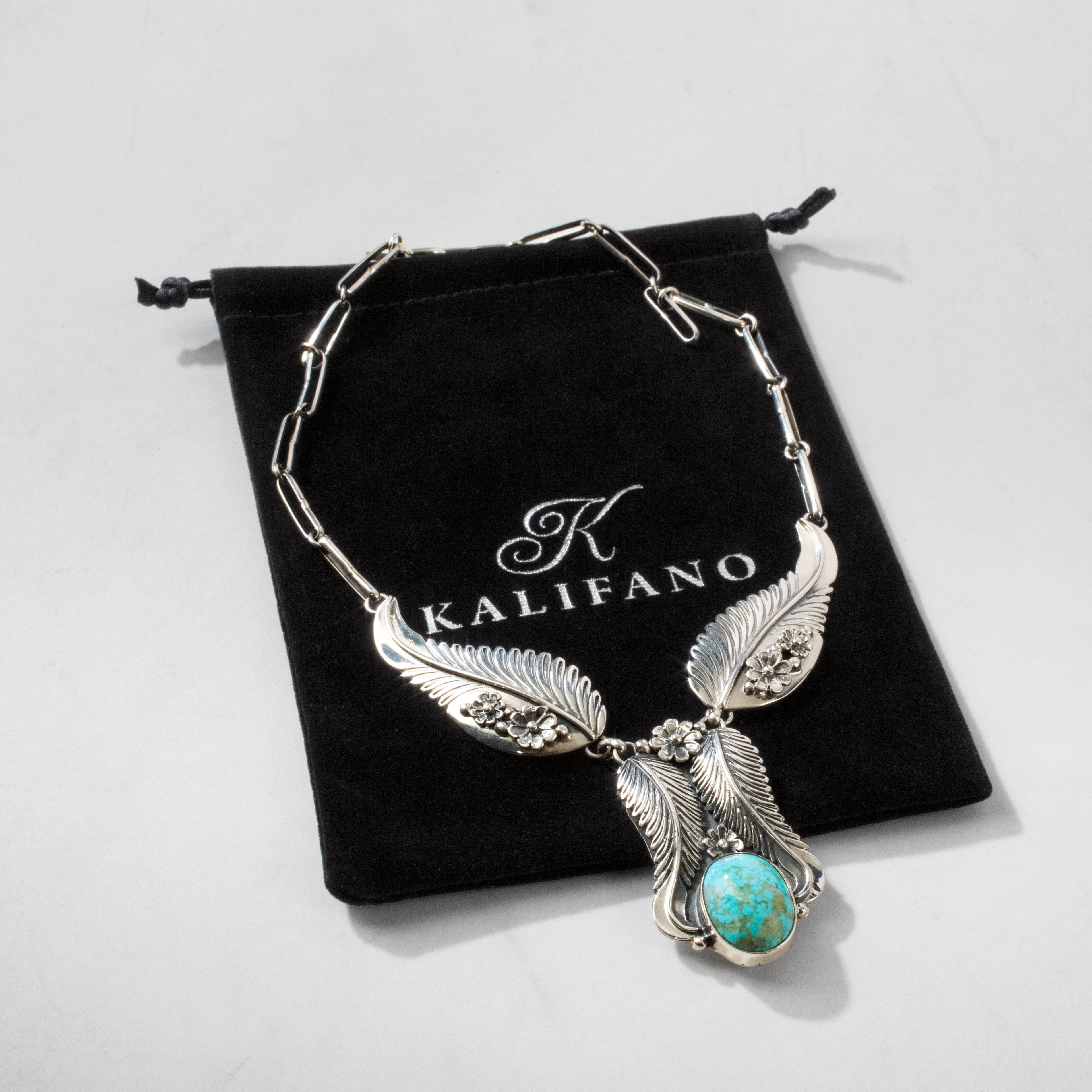 Kalifano Southwest Silver Jewelry 16" Kingman Turquoise Feather Handmade 925 Sterling Silver Chain Link Necklace NMN.0340.TQ